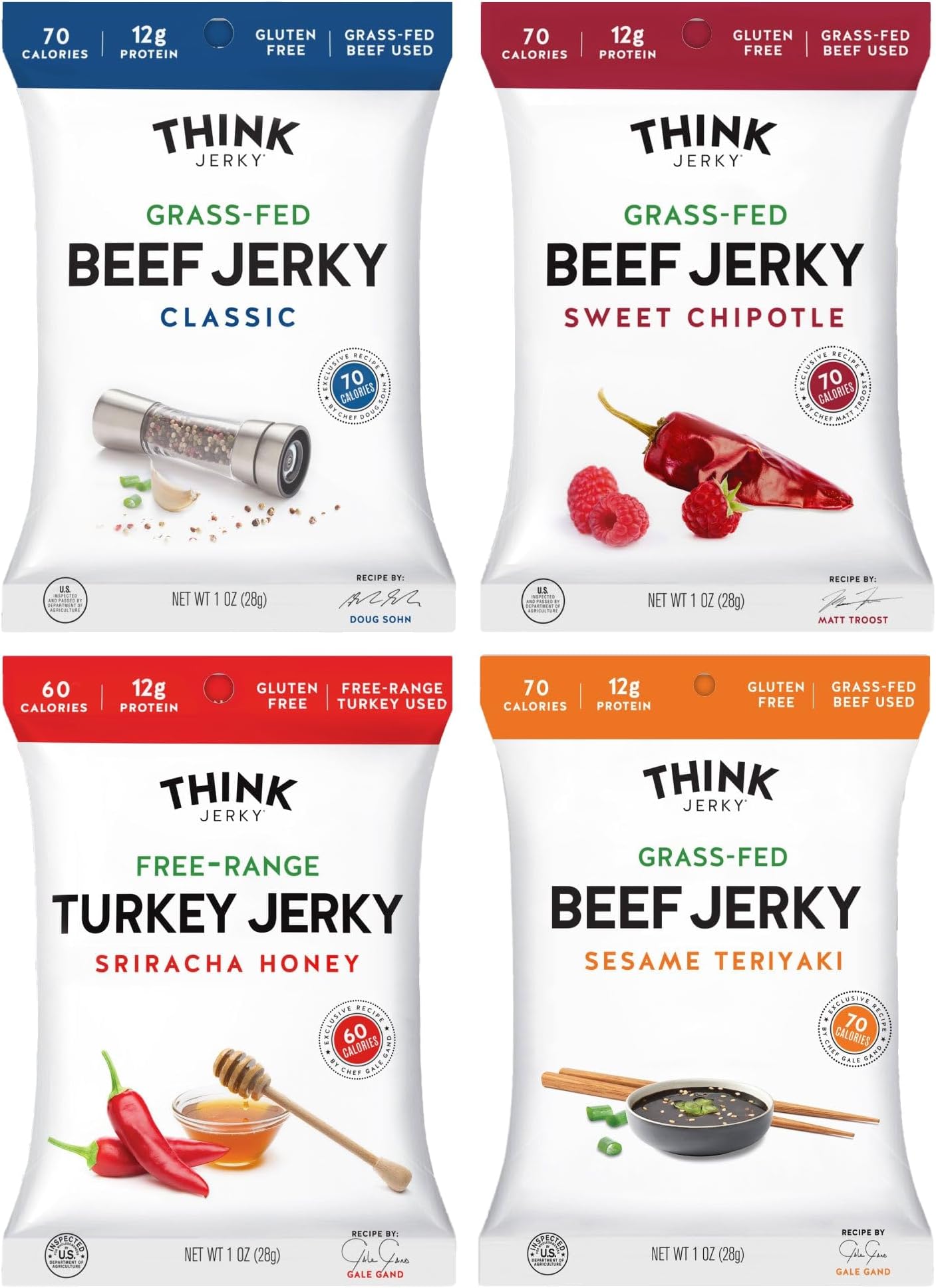 Beef and Turkey Jerky Variety, Original, Sweet Chipotle, Sriracha Honey, Sesame Teriyaki, Healthy Meat Snack, Low Calorie Low Fat - 2.2 oz Bags, 4 Pack, 1 of Each