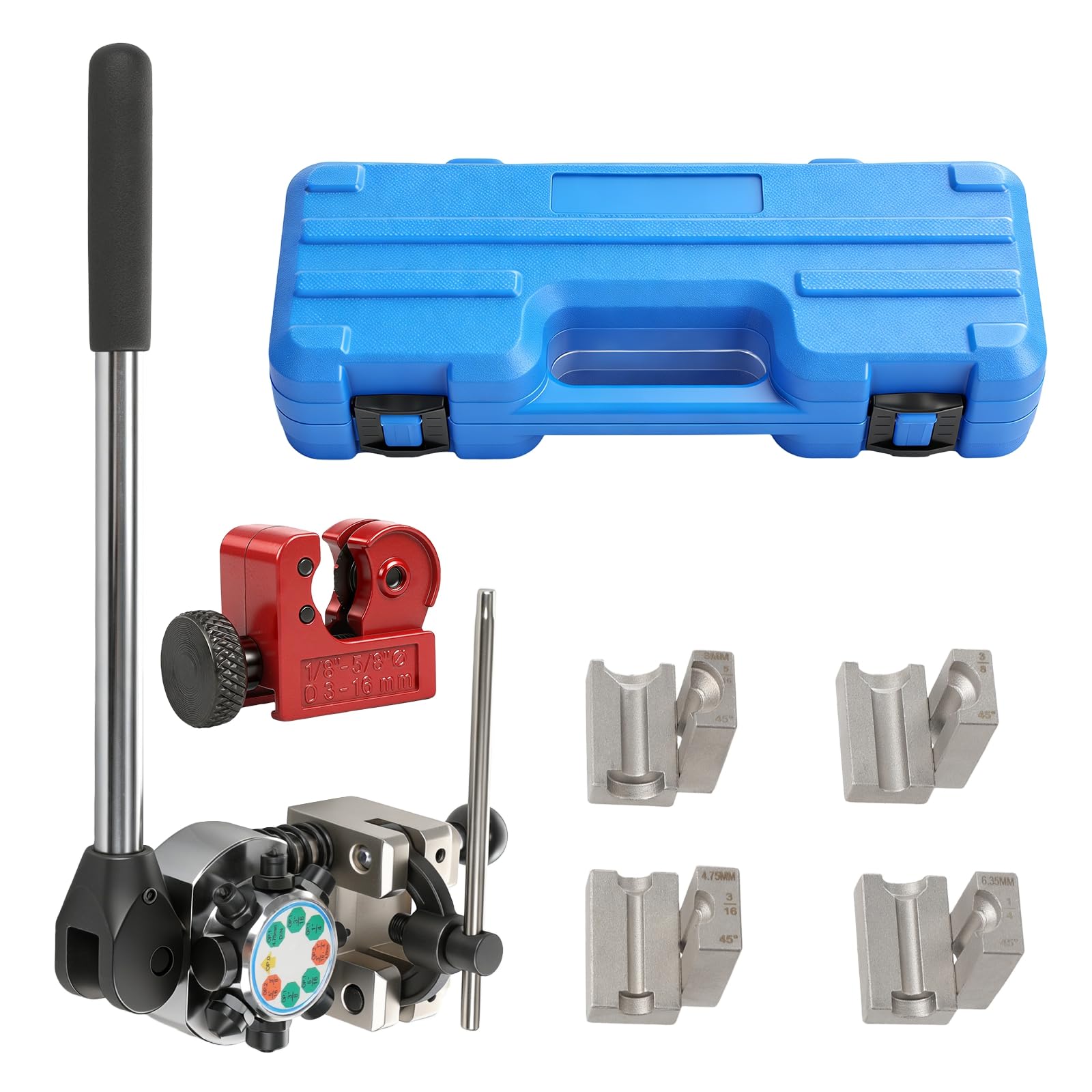 Pro Bremsleitungs-Bördelwerkzeugsatz für 45° Einzel-, Doppel- & Bubble-Bördel, für 3/16", 1/4", 5/16", 3/8" und 4,75 mm Rohre Kupfer, Stahl, Metallschlauch, für PKW, LKW, Motorrad inkl. koffer