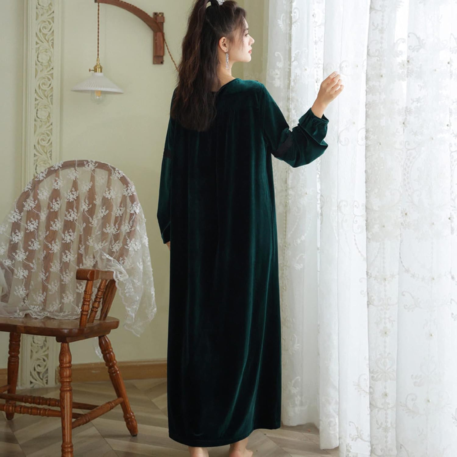 OFFSUM Women's Long Sleeve Nightgown - Round Neck Lace Spring Autumn Casual Nightdress Retro Velvet Robe Fashion Elegant C