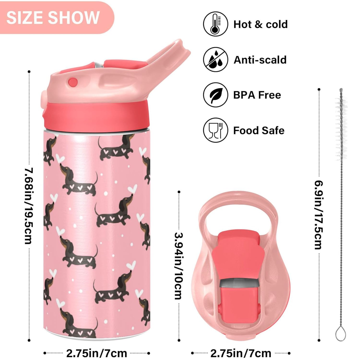 Pink Love Dachshund Dogs Kids Water Bottle with Straw and Carry Handle Cute Puppy Dog Vacuum Insulated Stainless Steel Bottles Leak-Proof for Boys Girls Toddler 12 oz Pink Lid