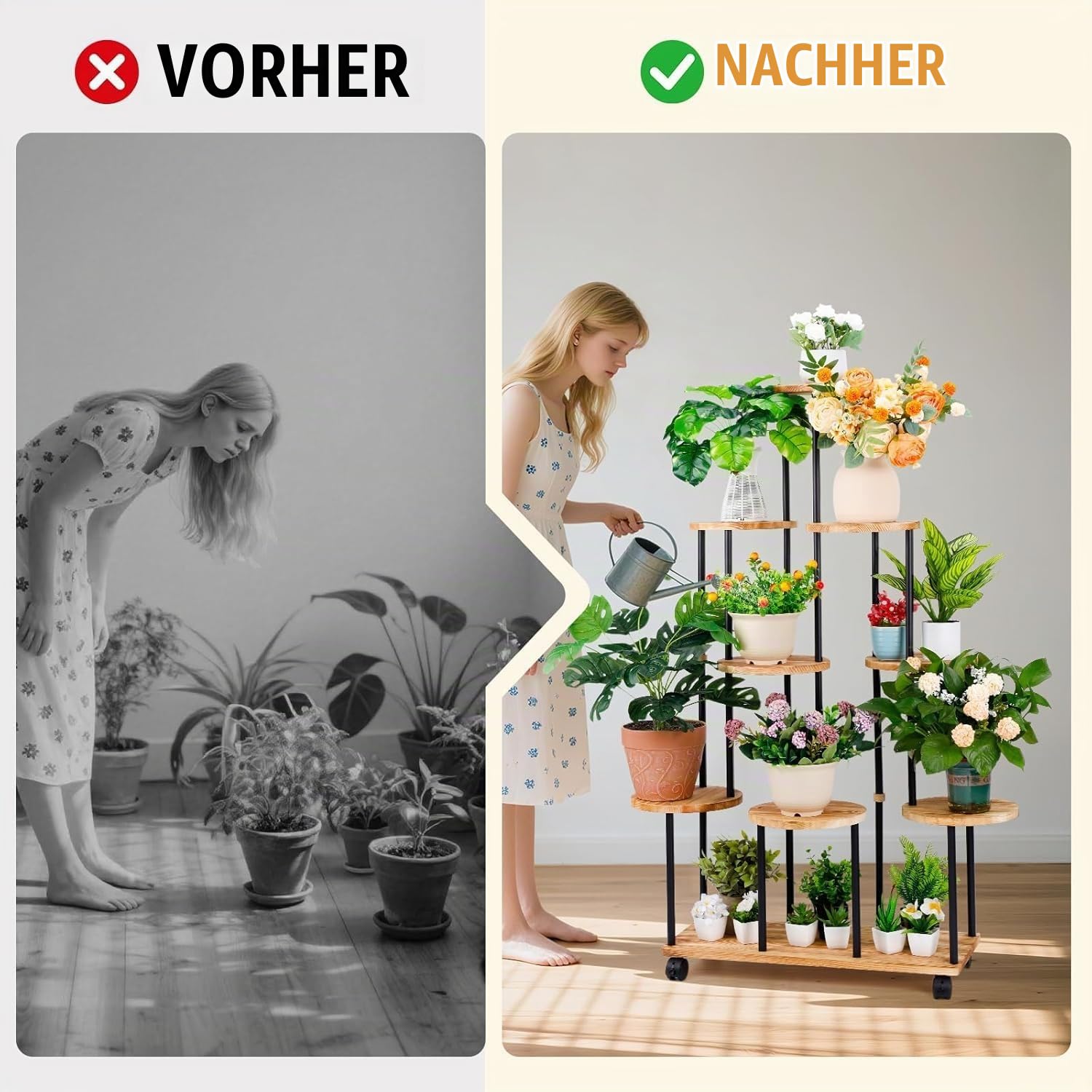 Blumenständer mit Rollen 9 Etagen Pflanzenregal Holz Pflanzentreppe Hoch Blumentreppen Metall Blumentreppe Indoor Blumenregal Innenbereich für Balkon Wohnzimmer Terrassen Wohnung