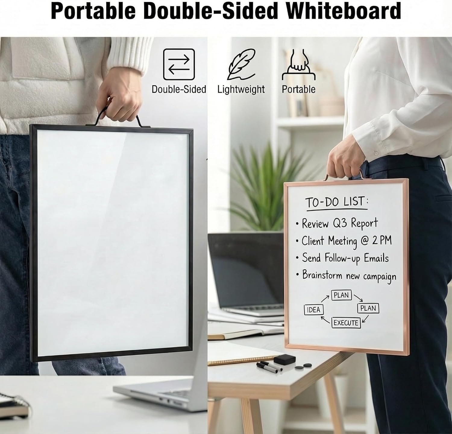 Rose Gold Magnetic Dry Erase Whiteboard 12 x 16 Double Sided, Portable Small White Board with Handle, to Do List Note Board, Write and Wipe for Desk Wall, Includes 2 Markers Eraser 2 Magnets
