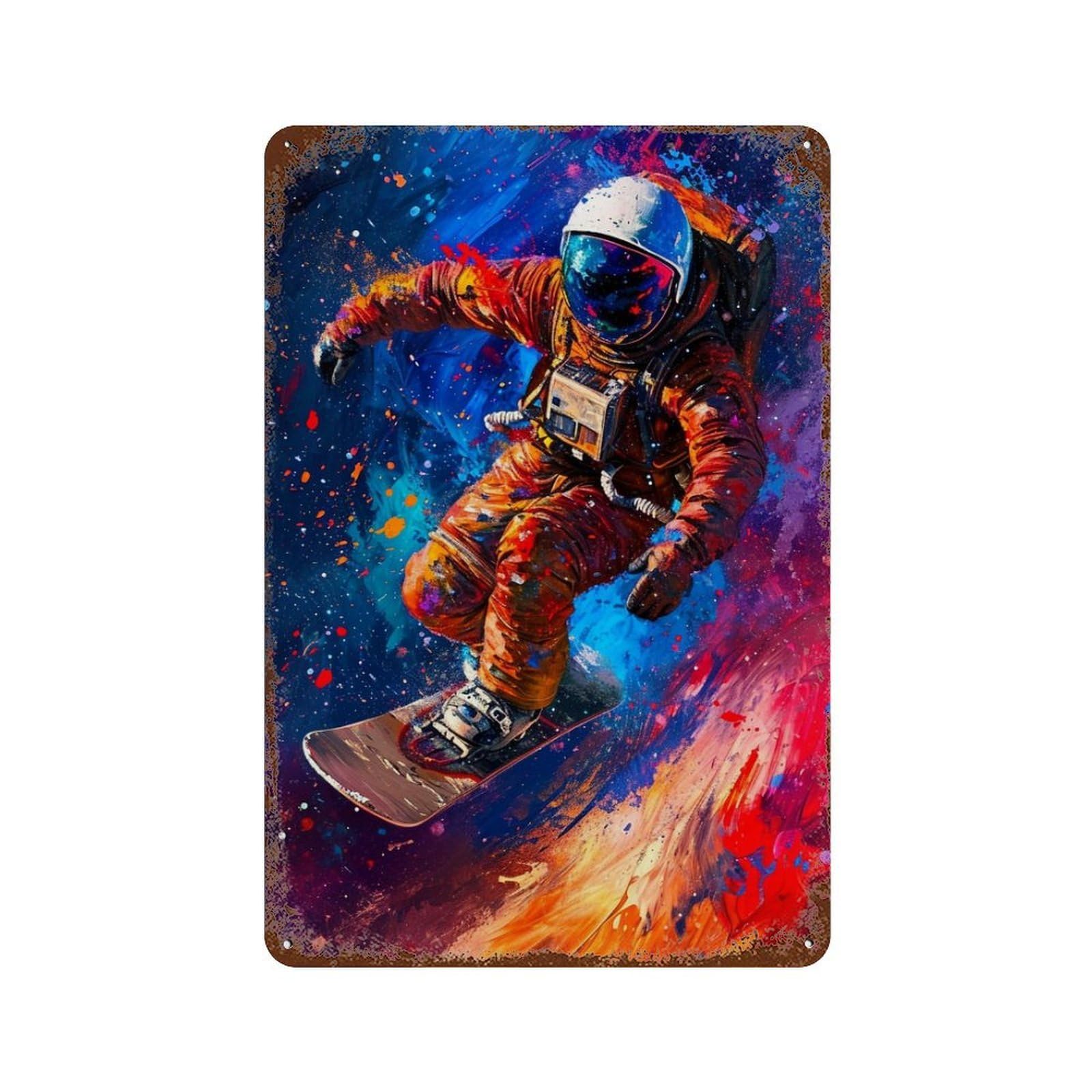 Astronaut Snowboarding in Space 11.8"x7.9" Rustic Tin Plaque, Retro Wall Decor for Garage, Bar And Workshop Decor