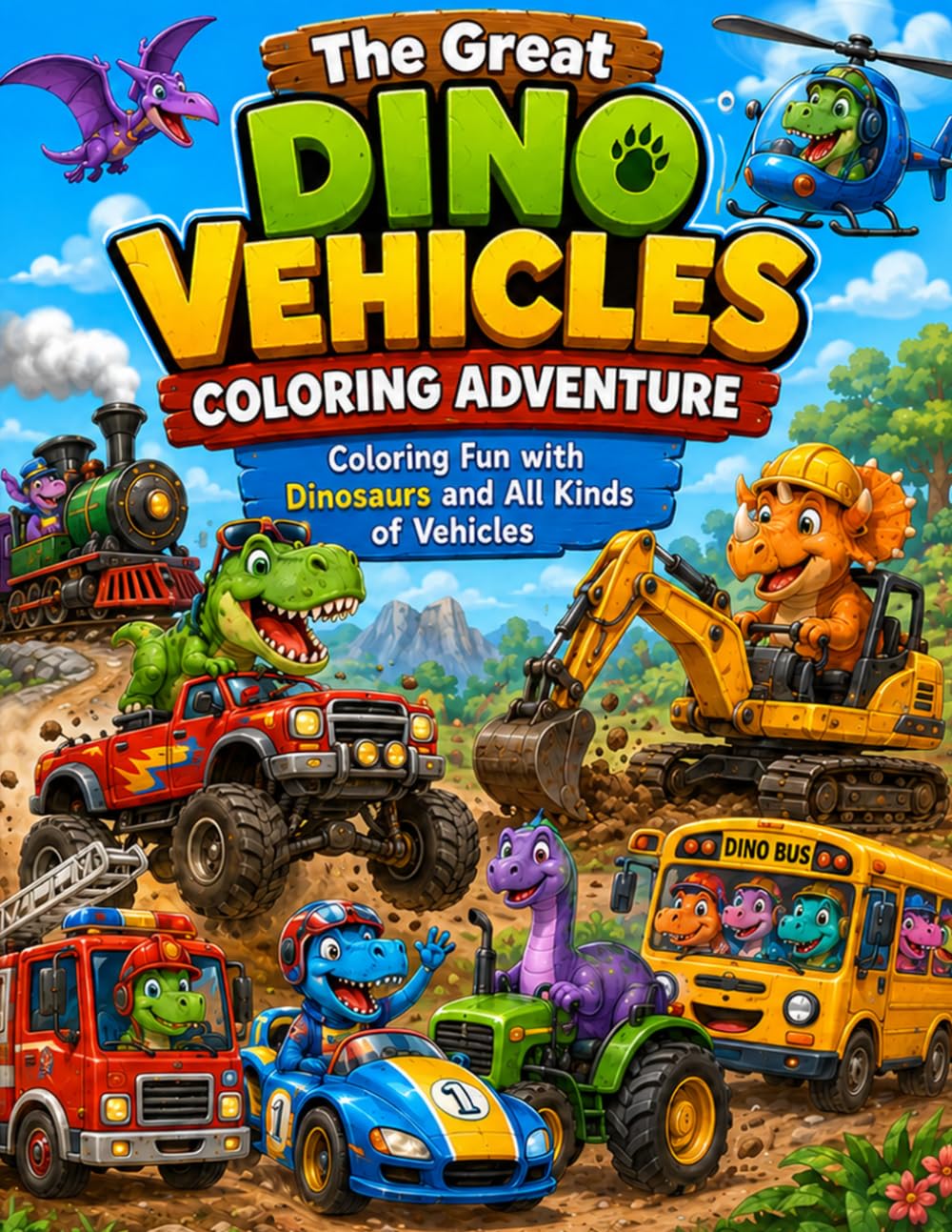 The Big Dino Vehicle Coloring Adventure: A Fun Dinosaur Vehicle Coloring Book for Kids with Cars, Trucks, Diggers, Trains, Planes, Boats and More
