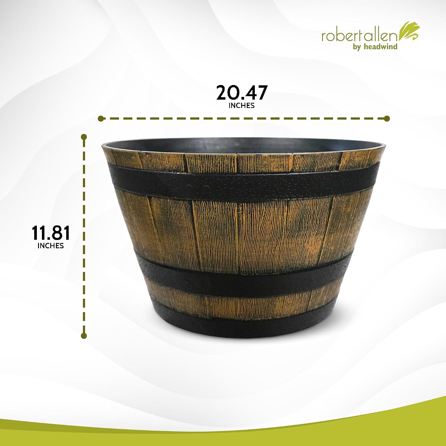 Headwind Whiskey Barrel Planter – 20 Inch New Wood Barrel Planters for Outdoor Plants – Weather-Resistant Flower Pot with Wooden Finish – Decorative Indoor & Outdoor Garden Planter by Robert Allen