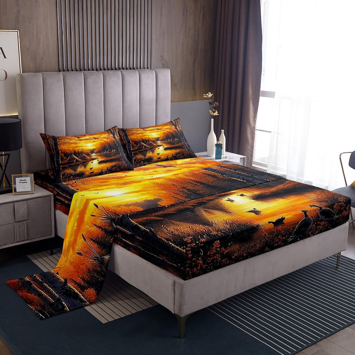 Homewish Mallard Duck - Juego de sábanas para cama de matrimonio para niños y hombres, juego de ropa de cama de pato salvaje, sábanas bajeras planas rústicas rústicas, 4 piezas