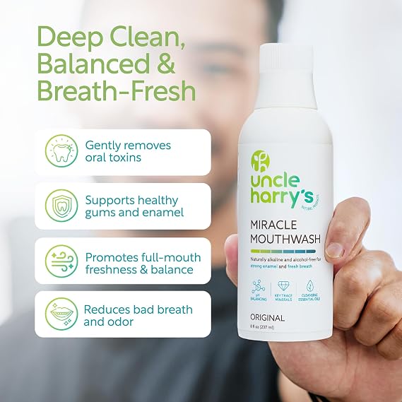 Uncle Harry's Natural Alkalizing Miracle Mouthwash | Adult & Kids Mouthwash for Bad Breath | pH Balanced Oral Care Mouth Wash & Mouth Rinse (8 fl oz)