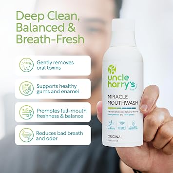 Uncle Harry's Natural Alkalizing Miracle Mouthwash | Adult & Kids Mouthwash for Bad Breath | pH Balanced Oral Care Mouth Wash & Mouth Rinse (8 fl oz)