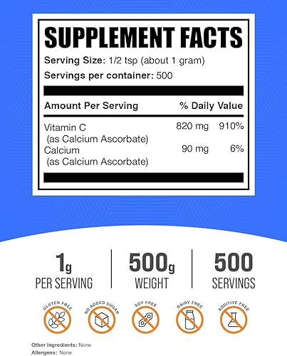 Miniatura 2 de BulkSupplements. com Ascorbato de calcio en polvo  Suplemento tamponado de vitamina C, polvo de calcio  vegano y sin gluten, 0.04 oz por porción,