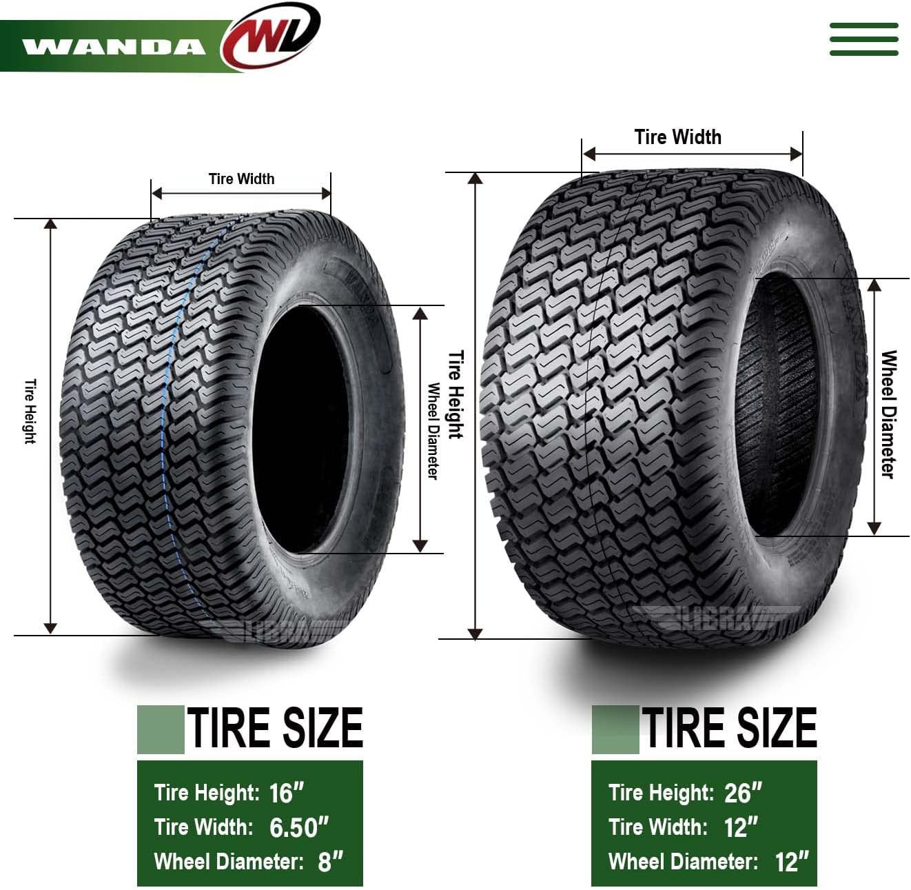 WANDA Set of 4 16X6.5-8 & 26X12-12 Lawn Mower Tractor Cart Turf Tires 4 Ply-13019/13056