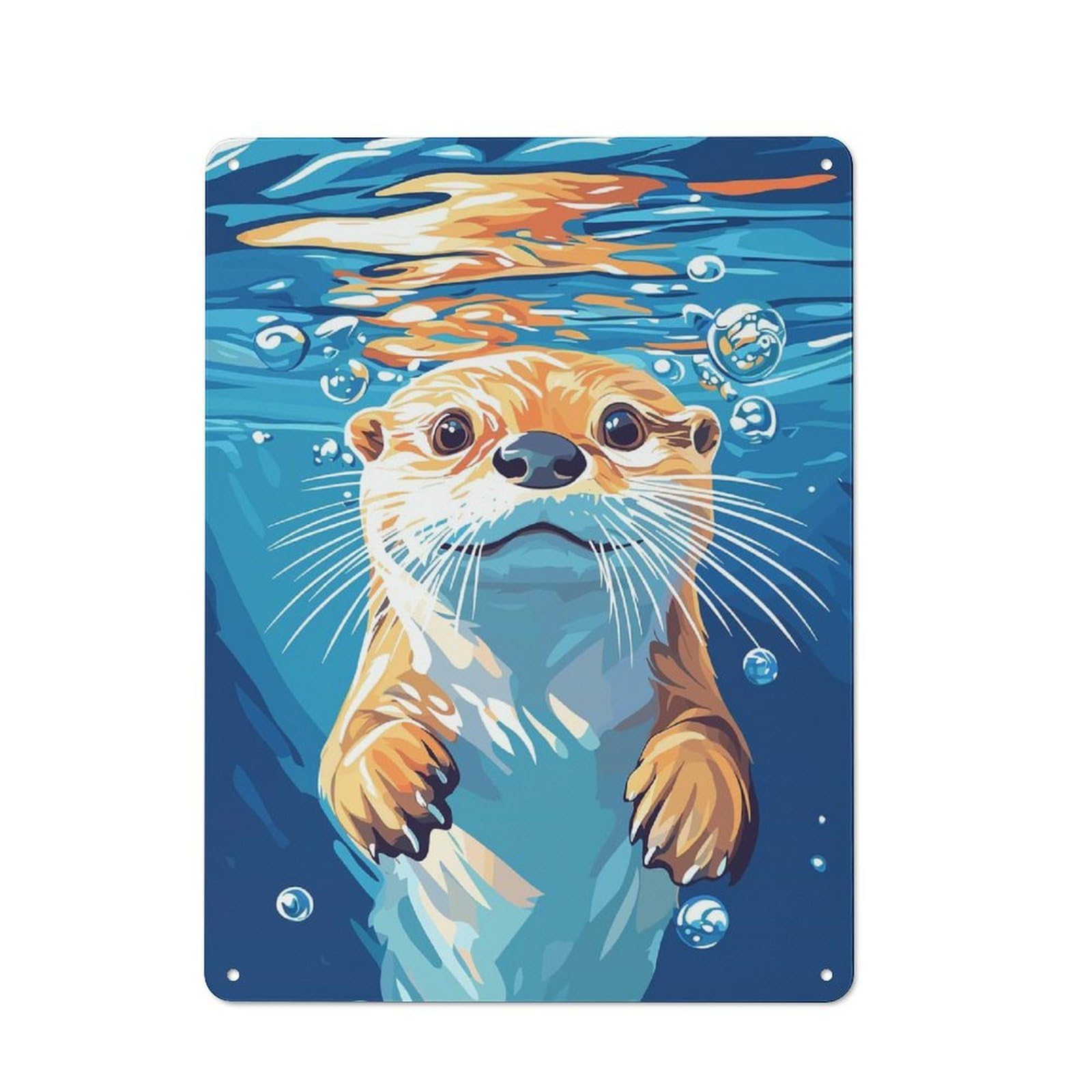 Junmoney Otter Swimming Underwater Illustration Tin Wall Plaque 40X30cm With For Home Office Or Studio, For Home Office Decor Fans