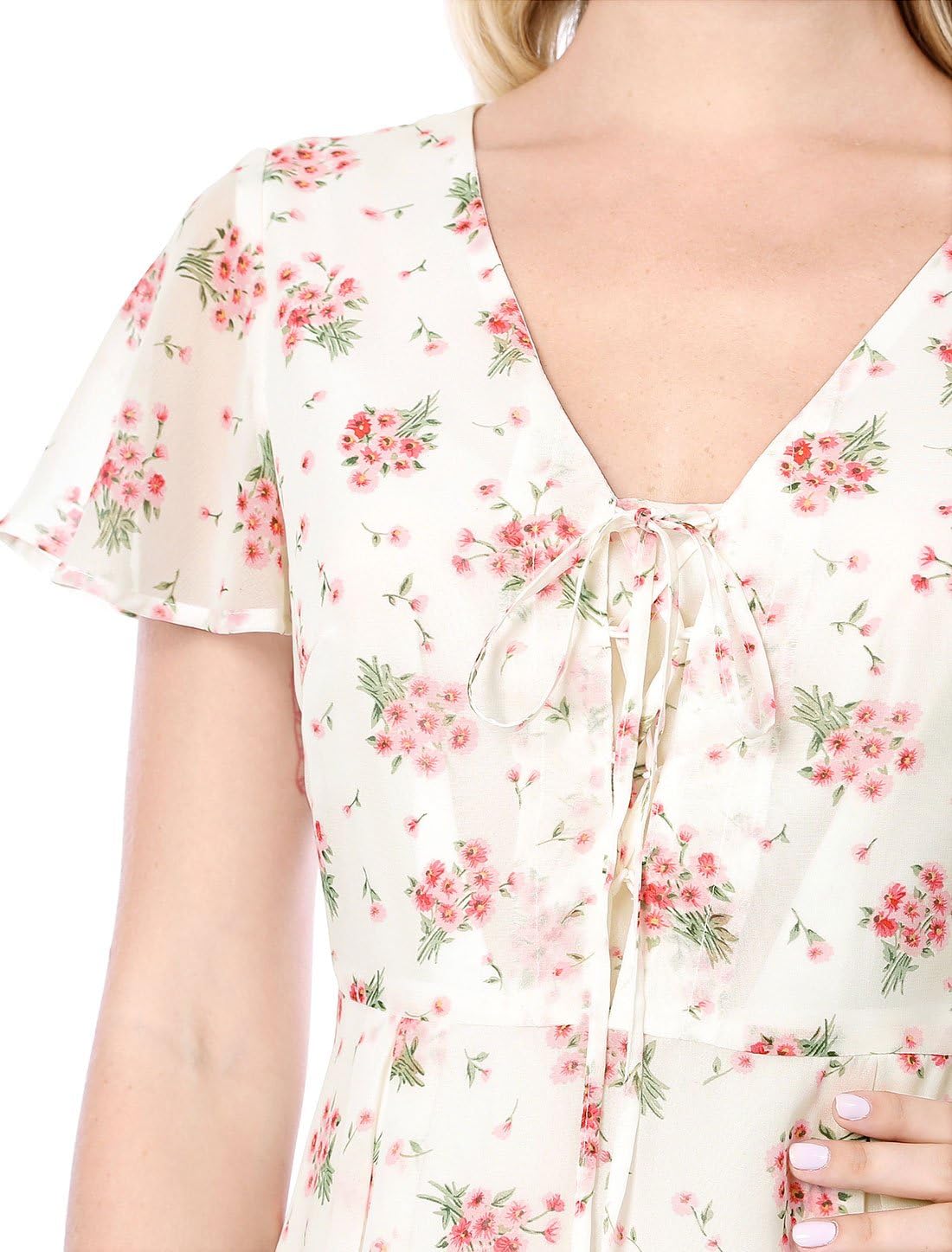 Allegra K Women's Floral Printed Spring Summer Flare Short Sleeve Lace-up V Neck Chiffon Dress - Image 6