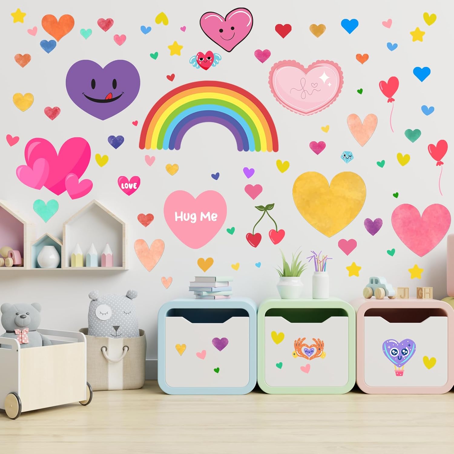 Kids Heart Wall Stickers, 201 Piece Removable Peel and Stick Rainbow Wall Decals for Nursery, Playroom and Bedroom, 6 Sheets Heart-Shaped Wall Decor