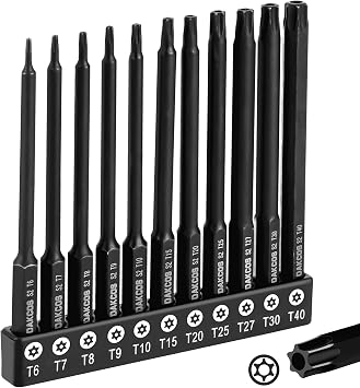 DAKCOS T6 - T40 Tamper Proof Torx Bit Set, 11-Piece Security Star Bits, 100mm Long, Premium S2 Alloy Steel