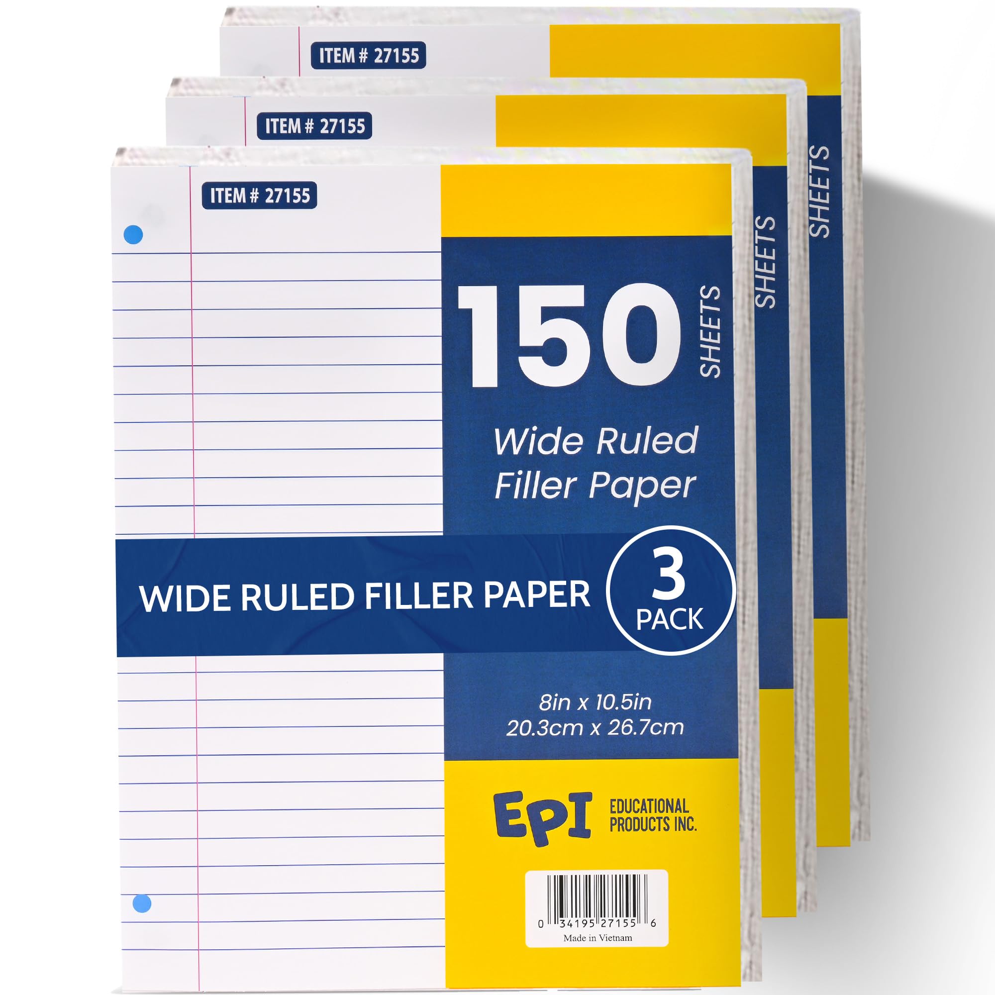 EPI Filler Paper | Wide Ruled | Loose Leaf, 3-Hole Punched, 10.5 x 8 in, 150 Sheets | School, Office, Notes, Binder Refill - 3 Pack