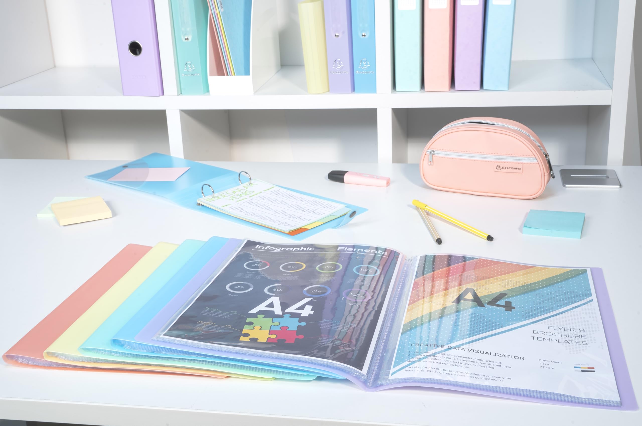 Exacompta - Réf. 88570E - Paquet de 5 protège-documents Chromaline Pastel - 50 pochettes cristal - 100 vues - pour A4 - dim 24x32 cm - couverture en polypro recyclé translucide - 5 couleurs assorties