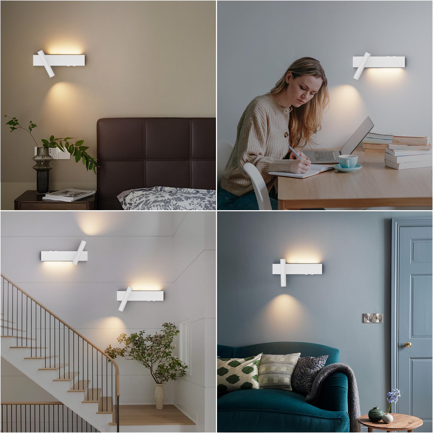 Klighten 2X Led Applique da parete Interno, 3000K Luce da parete Con 2 interruttore, 3W+3W Lampada da Parete 2 Flames, Faretto Rotondo 330°/60°Orientabile, Alluminio, Soggiorno, Luce calda, Bianco