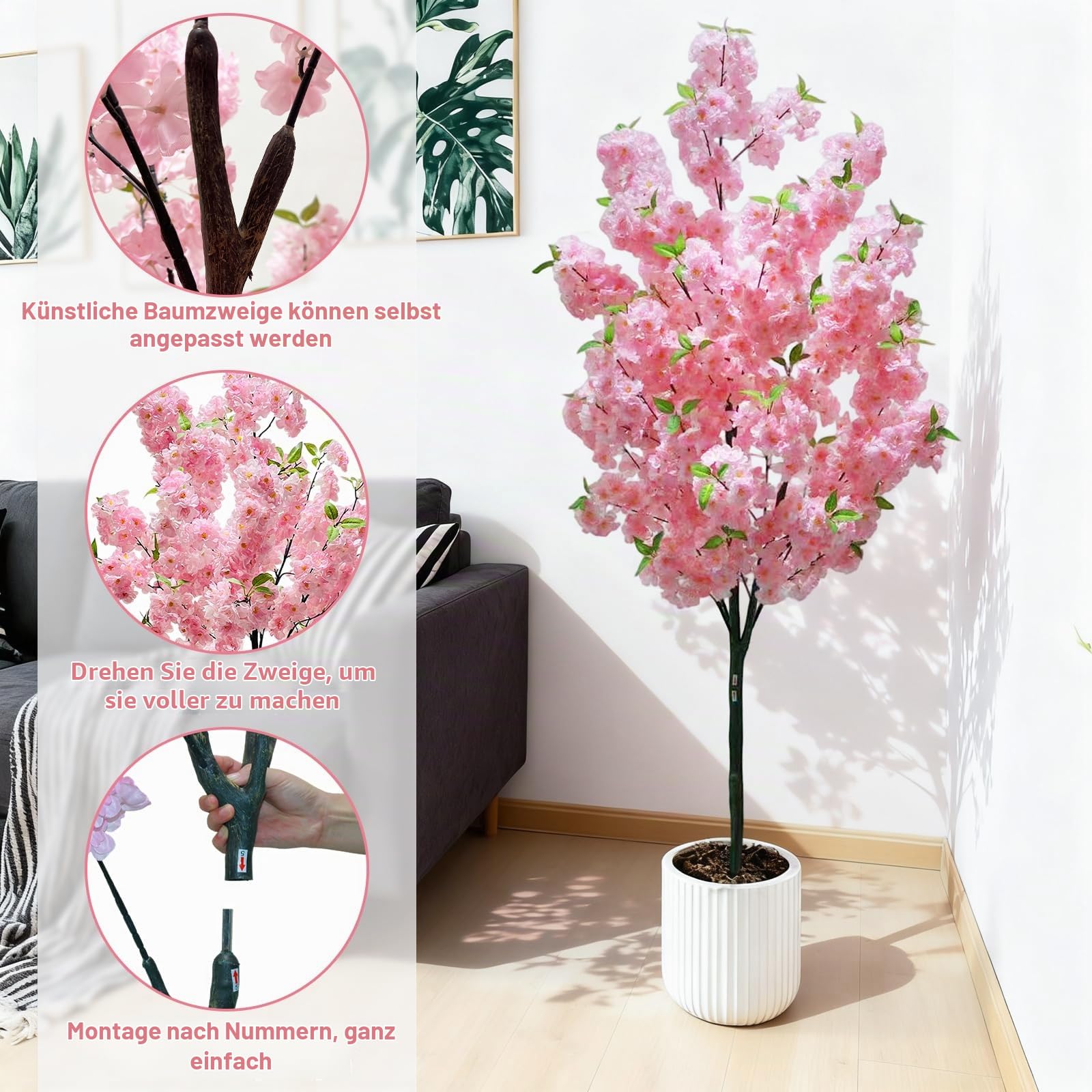 180cm Künstlicher Kirschblütenbaum mit Rosa Blüten im Weißtopf, Kunstbaum aus PVC & Textilfaser für Innen & Außen - Deko für Zuhause, Büro, Hochzeit, Party | Sakura Baum ohne Pflege