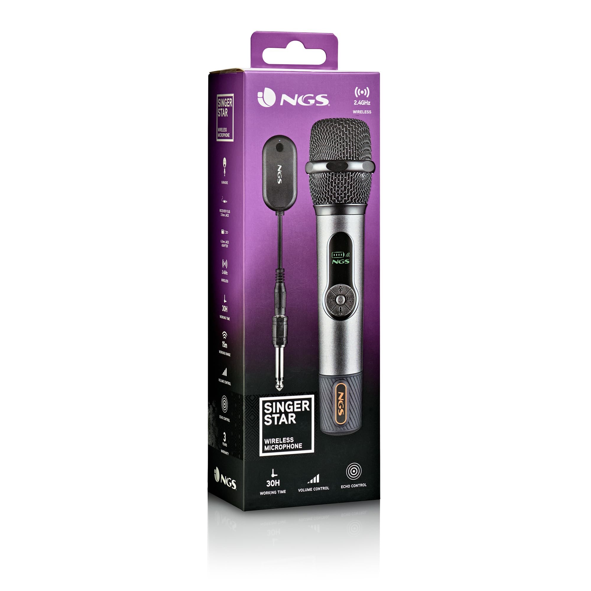 NGS Singer Star - Micro sans Fil Dynamique 2,4 GHz, autonomie, contrôle du Volume et de l’écho 30 h, indicateur de Batterie, Prises Jack 3,5 mm et 6,3 mm, karaoké et événements idéaux