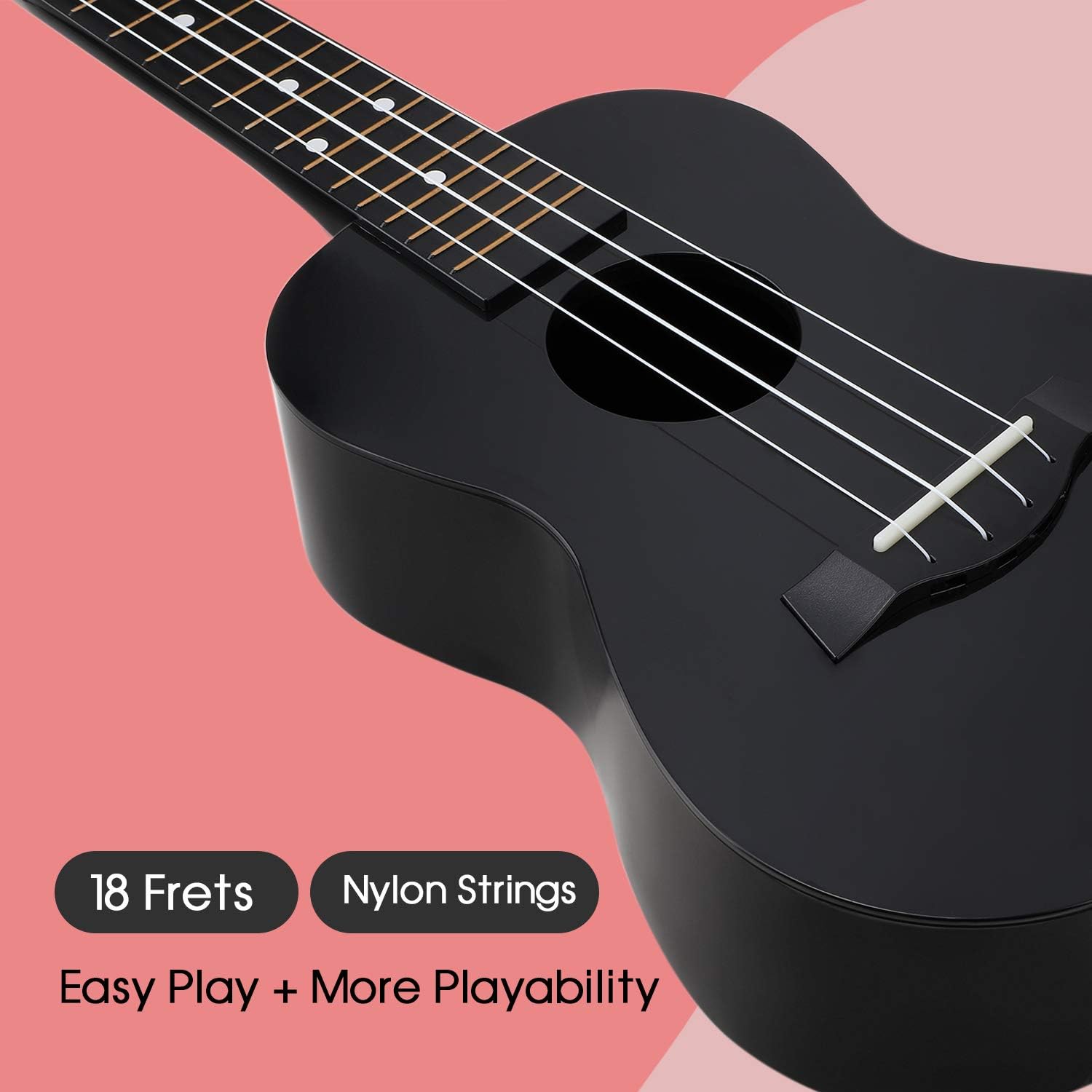 FUYXAN Concert Ukulele with Accessories Nylon Strings Strap, 23 Inch Black Ukulele for Students Beginners Kids, Hawaiian Guitar Starter Uke Musical Instrument for Gift