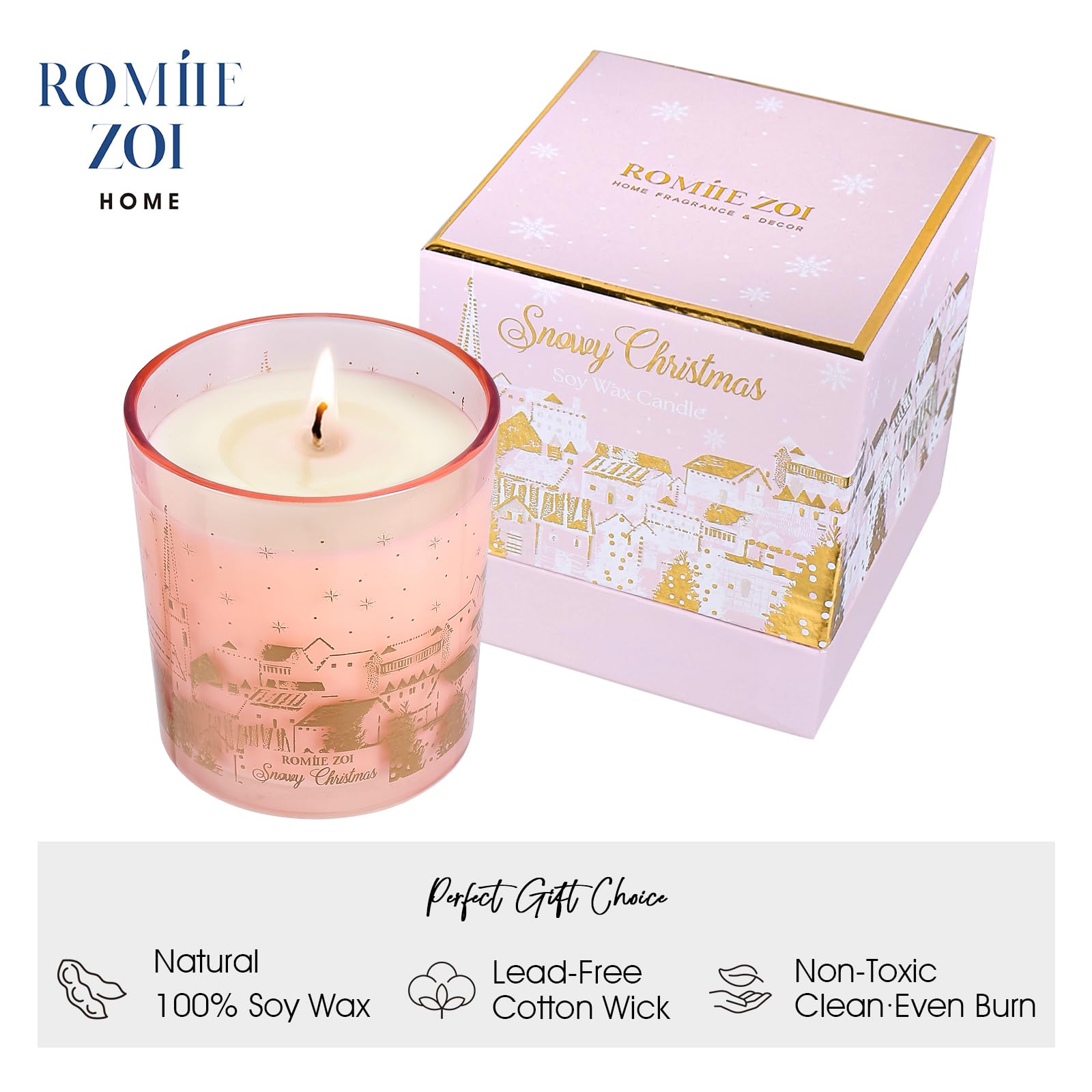ROMIIE ZOI Vela perfumada de Navidad – Vela de cera de soja de 6 onzas, Navidad nevada, infundida con aroma navideño nevado, caja de regalo rosa y dorada empaquetada para regalo de Navidad