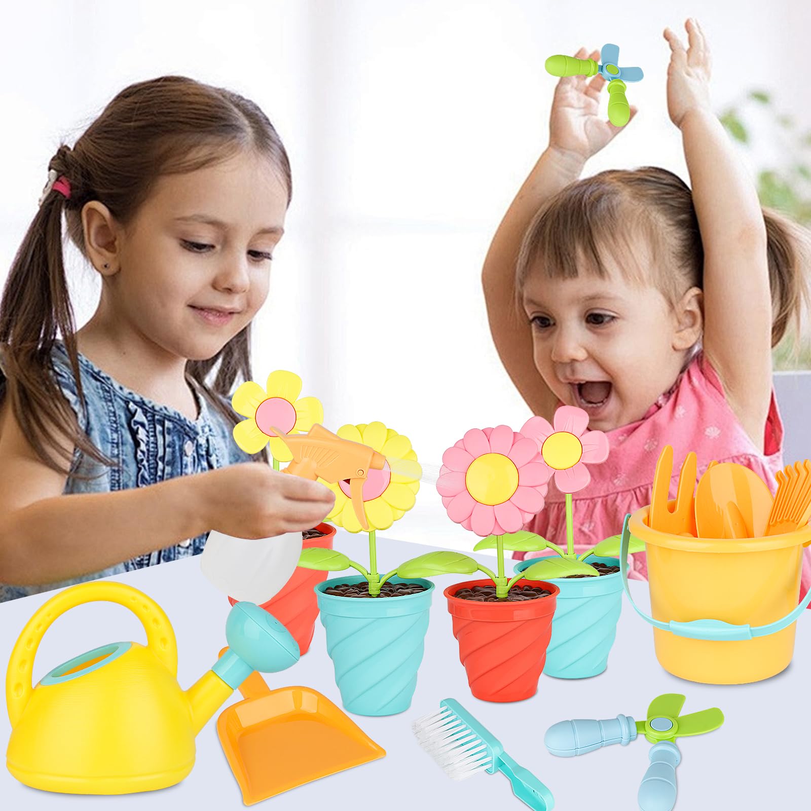 24 Piezas Herramientas de Jardín para Niños con Pegatinas, Juguetes de Jardín Niño, Regadera Pala Rastrillo, Juego de Juguetes de 2 Años