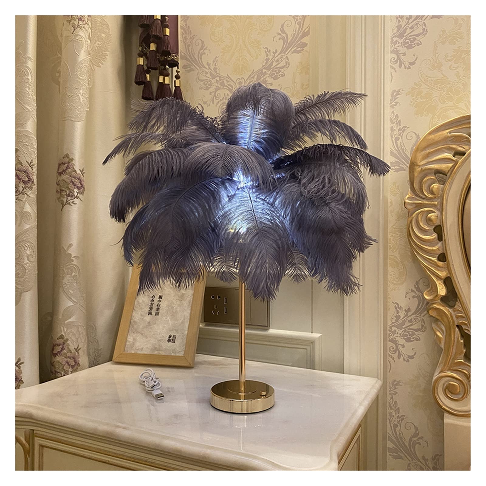 Lampa podłogowa z piórami, sterowanie dotykowe, lampa biurkowa LED z 40 miękkimi piórami, ładowalna zasilanie USB, idealna do dekoracji ślubnej i sypialni, elegancki różowy design