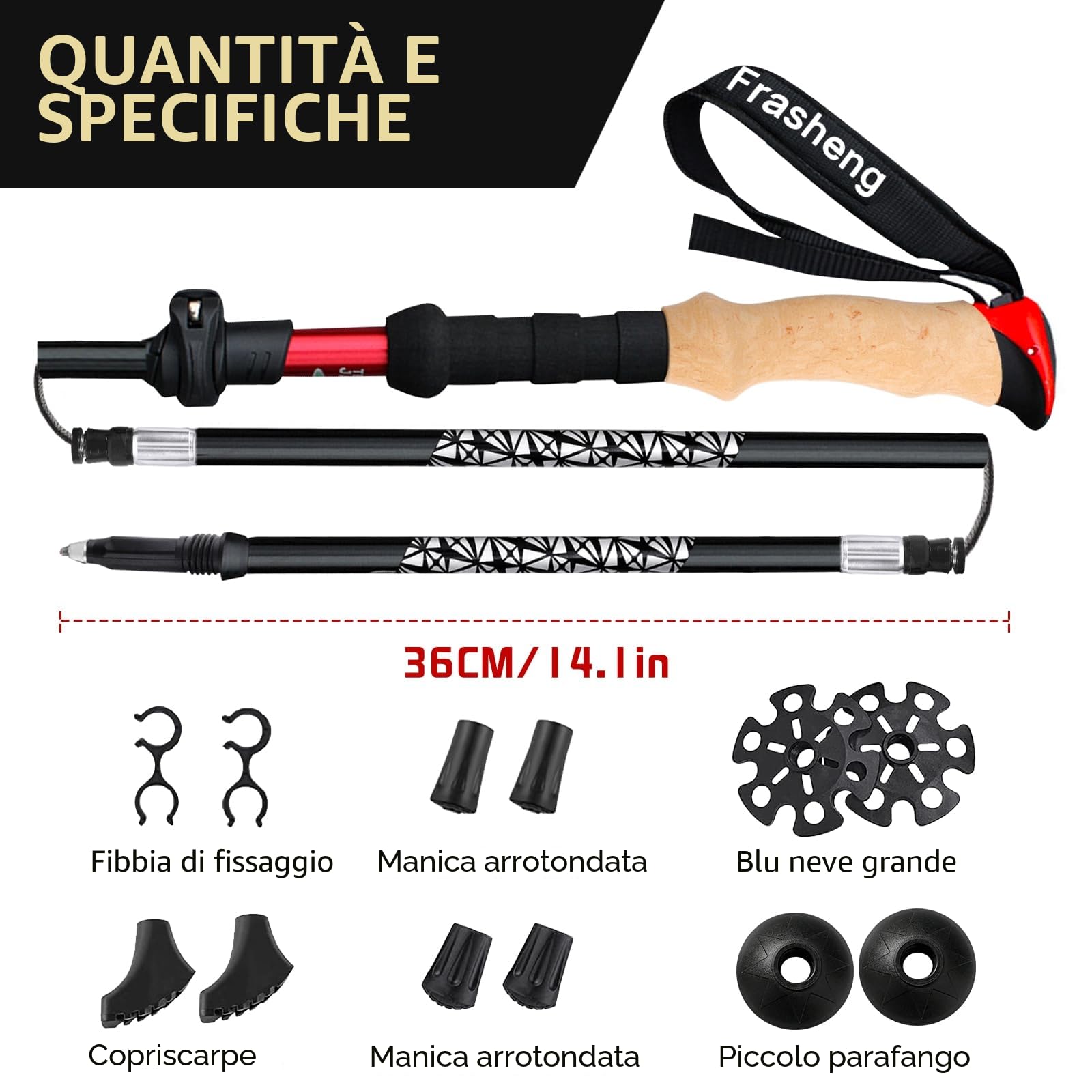 Frasheng Bastoni Trekking 2 Pezzi Pieghevoli, 7075 Alluminio, Nordic Walking Bastoncini, con manico in sughero, Borsa e 4 paia di puntali in gomma, 115-135cm, Nero