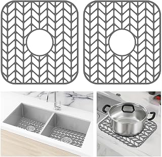 AWOKE Silicone Sink Protectors 2-Pack, 12x11 Inch Mats with Center Drain Hole, Scratch-Resistant, Dishwasher Safe for Kitchen Sinks (Gray)