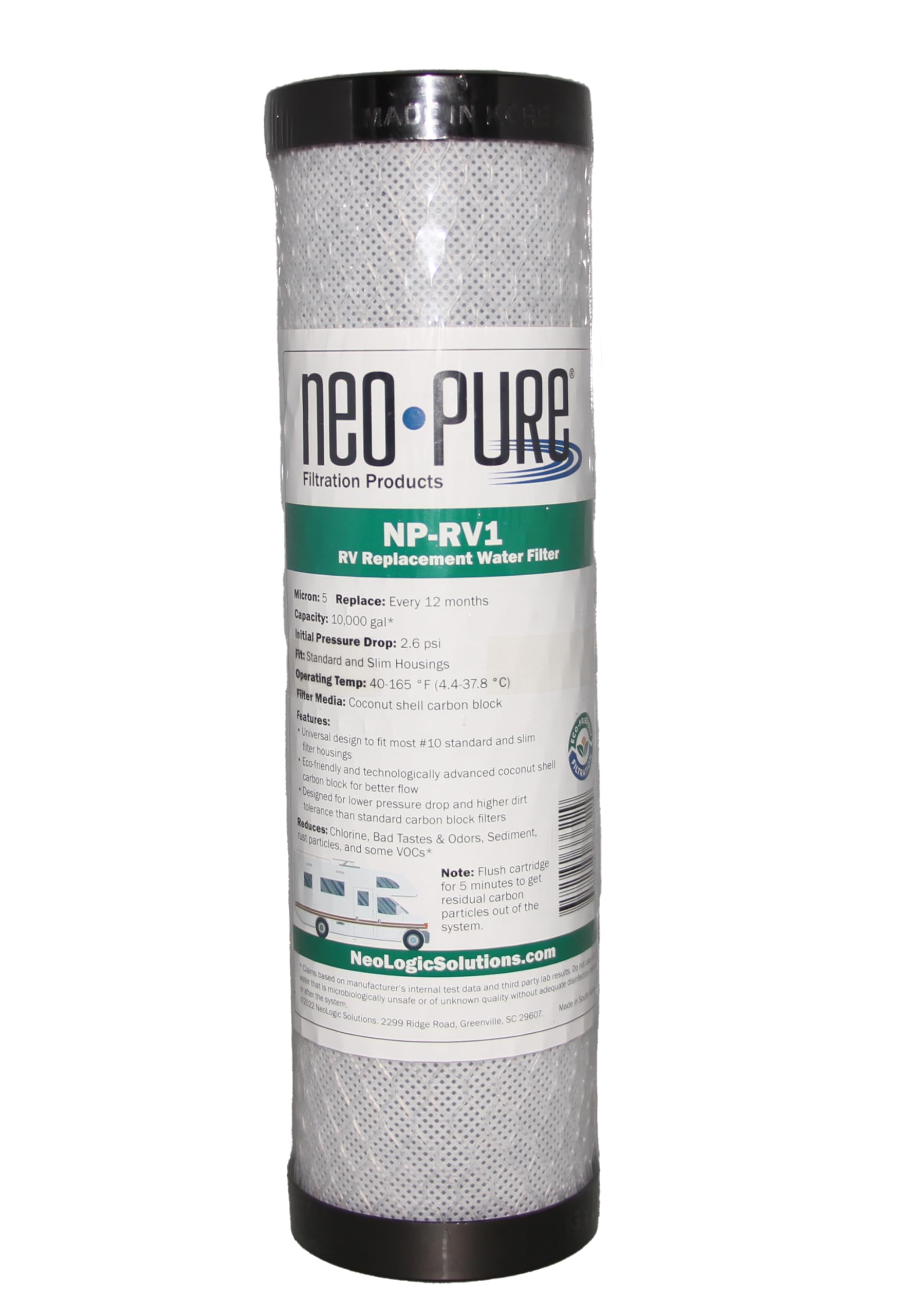 Neo-Pure NP-RV1 5 Micron Replacement RV Water Filter Cartridge for Slimline and Standard Style Housings – Reduces Sediment, Dirt, and Rust – Single Pack