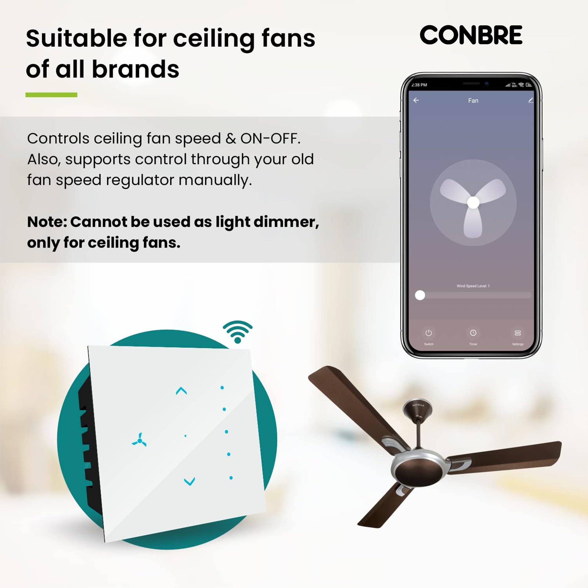 Conbre SF1 Wi-Fi based Smart Fan Touch Switch for automation, remote and 5 speed control | Compatible with Alexa, Google Assistant & Siri (Black) 1