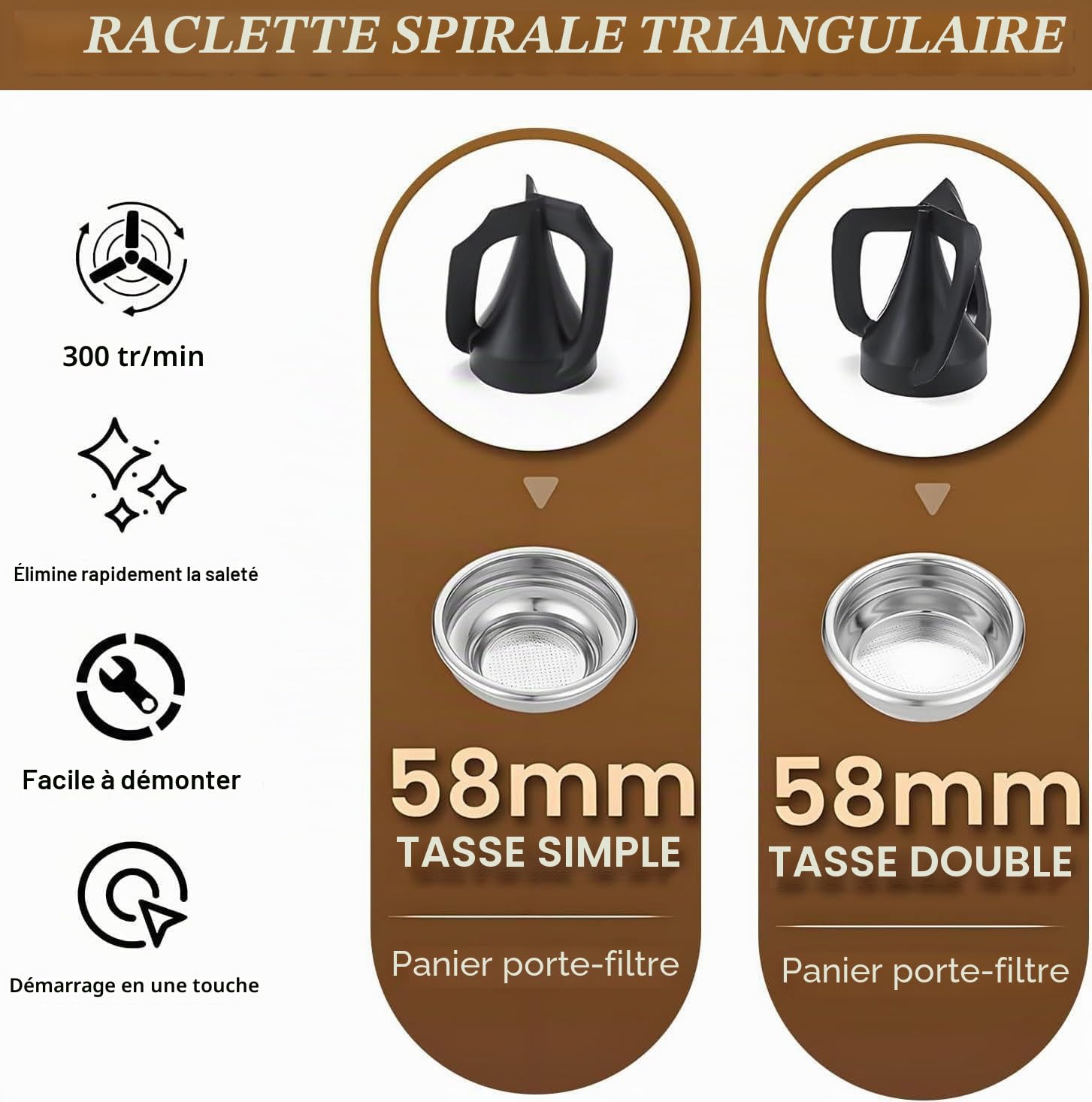 Nettoyeur de Porte-Filtre à café électrique, Nettoyeur de poignée de Marc de café, têtes de Brosse Doubles, Rotation 300/min, pour cafés domestiques ou commerciaux Silver