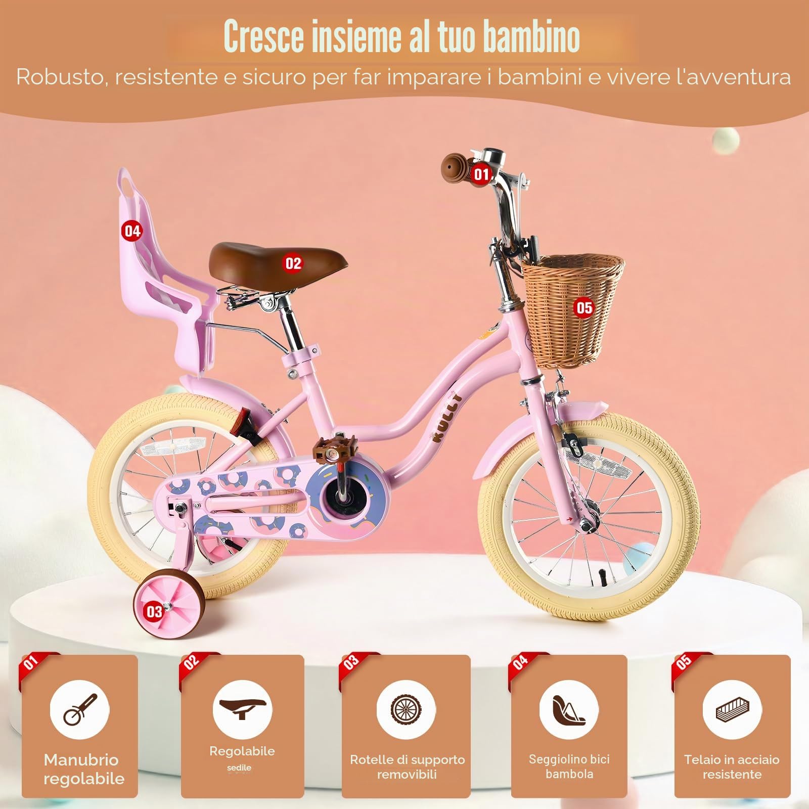 RULLY Bicicletta Bambina con Rotelle, Cestino e Seggiolino per Bambola, Sella Regolabile, per 2–7 Anni, Rosa/Viola/Blu