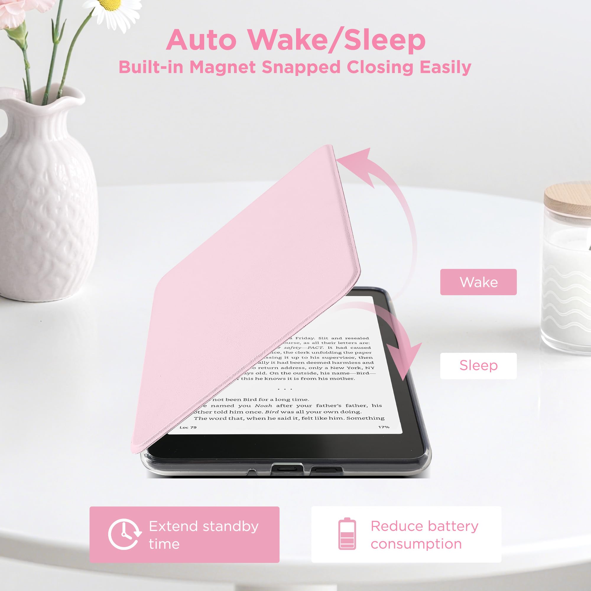 Vane Oak Magnetische, abnehmbare 2-in-1-Ständerhülle mit Anti-Rutsch-Rillen für Kindle 2024 und 2022 (11 Generation), schlanke PU-Schutzhülle mit automatischer Wake/Sleep-Funktion, Rosa