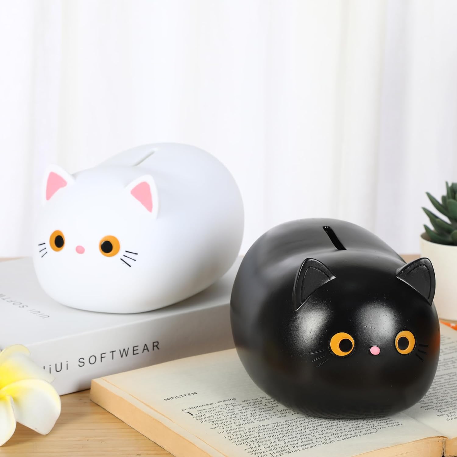 H&W White Cat Piggy Bank for Girls,Plastic Coin Bank,Unbreakable Money Bank,Cute Piggy Bank for Kids,First Money Box,Best Birthday
