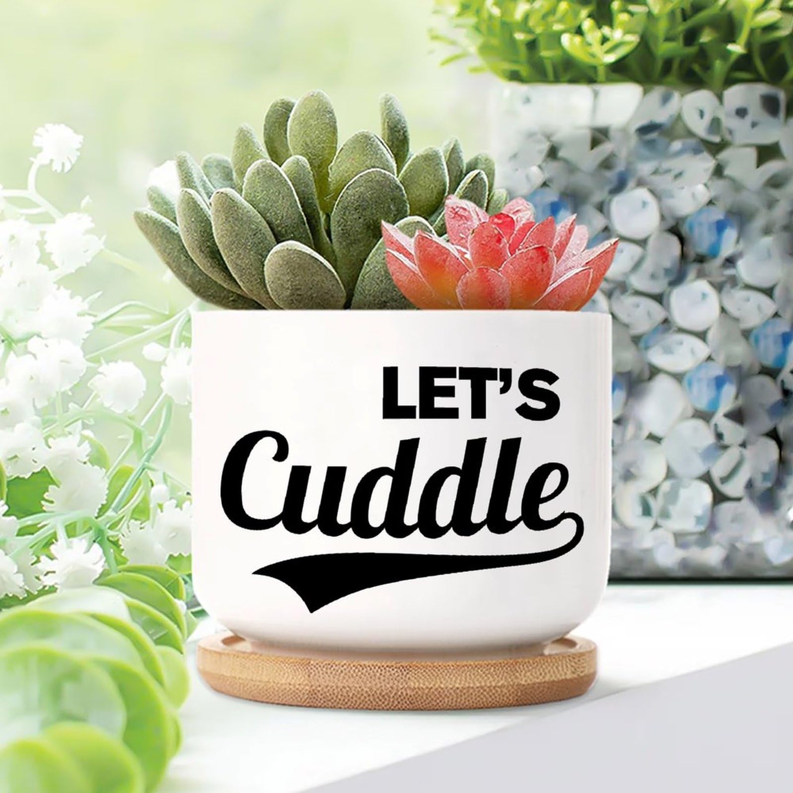 Yelolyio Style-1 Let's Cuddle Planters Ceramic Saying Quote Round Plant Pots With Drainage Holes And Bamboo Tray Pot For Home Desktop Office Windowsill