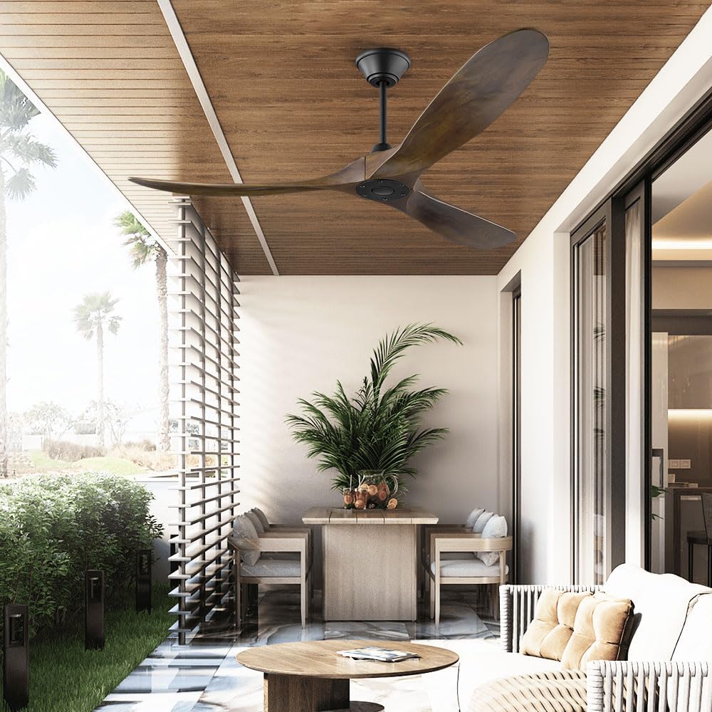 60 Inch Ceiling Fan Without Light, Large Outdoor Propeller Ceiling Fans for Patios, 3 Blades Farmhouse Wood Fan with Downrods, Reversible DC Motor, for Living Room Bedroom Commercial