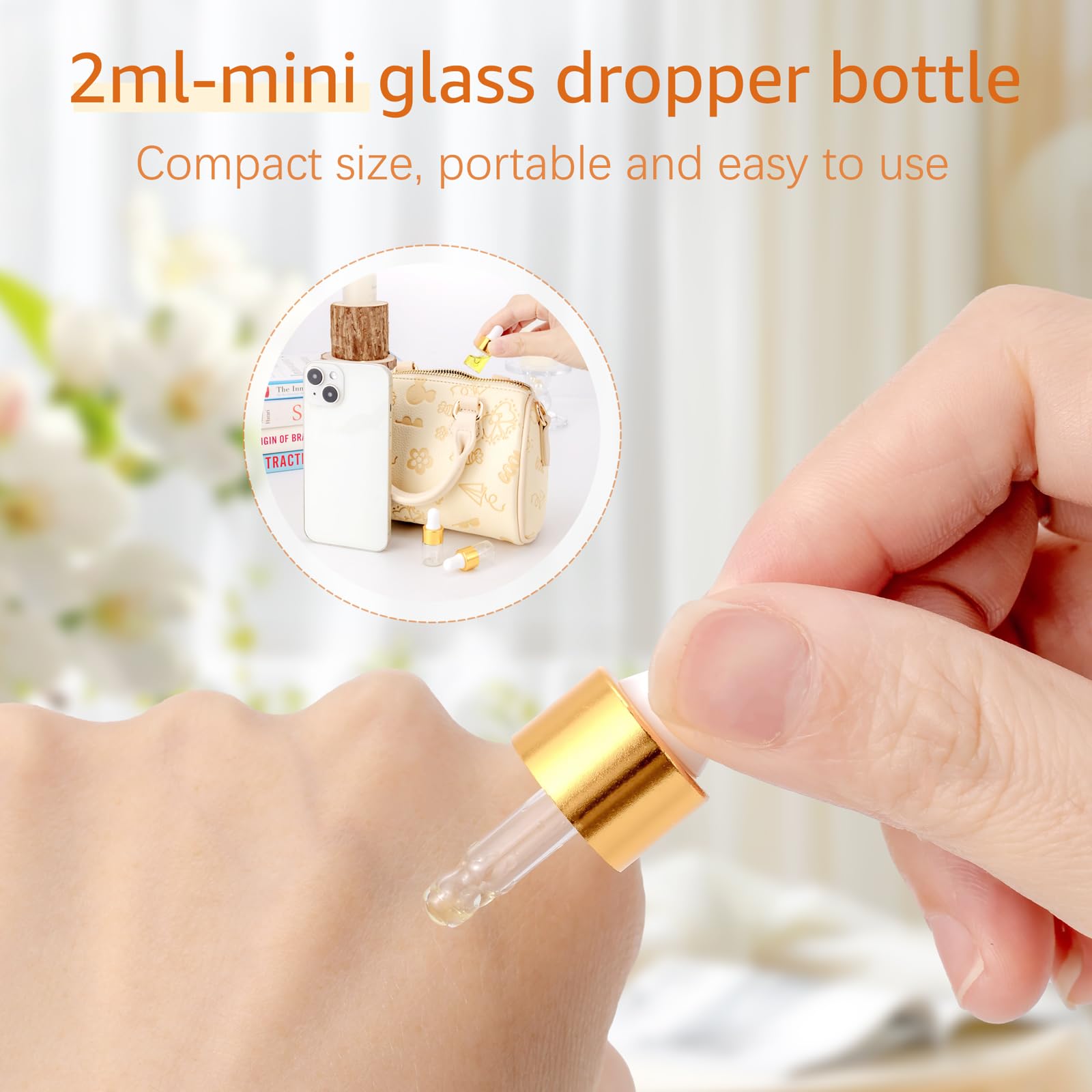 Kesell Confezione da 100 mini bottiglie contagocce in vetro trasparente da 2 ml, con contagocce, per oli essenziali, da viaggio, con 5 contagocce in plastica, contenitori con coperchio (oro)