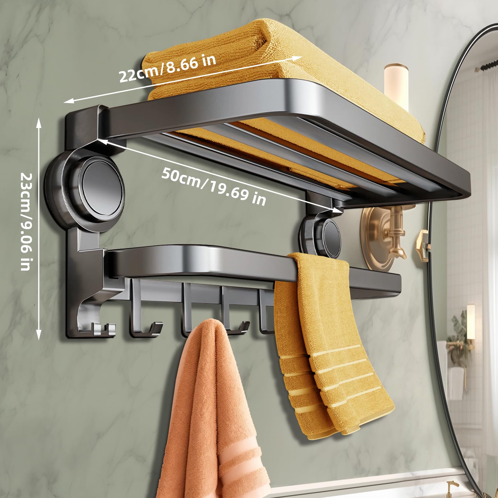 Toallero sin taladrar, toallero de baño,Portatoallas de baño sin taladrar, Portatoallas con Ventosa, Soporte para Toallas Plegable a 90°, Estante para Toallas de baño con 8 Ganchos, 50 cm