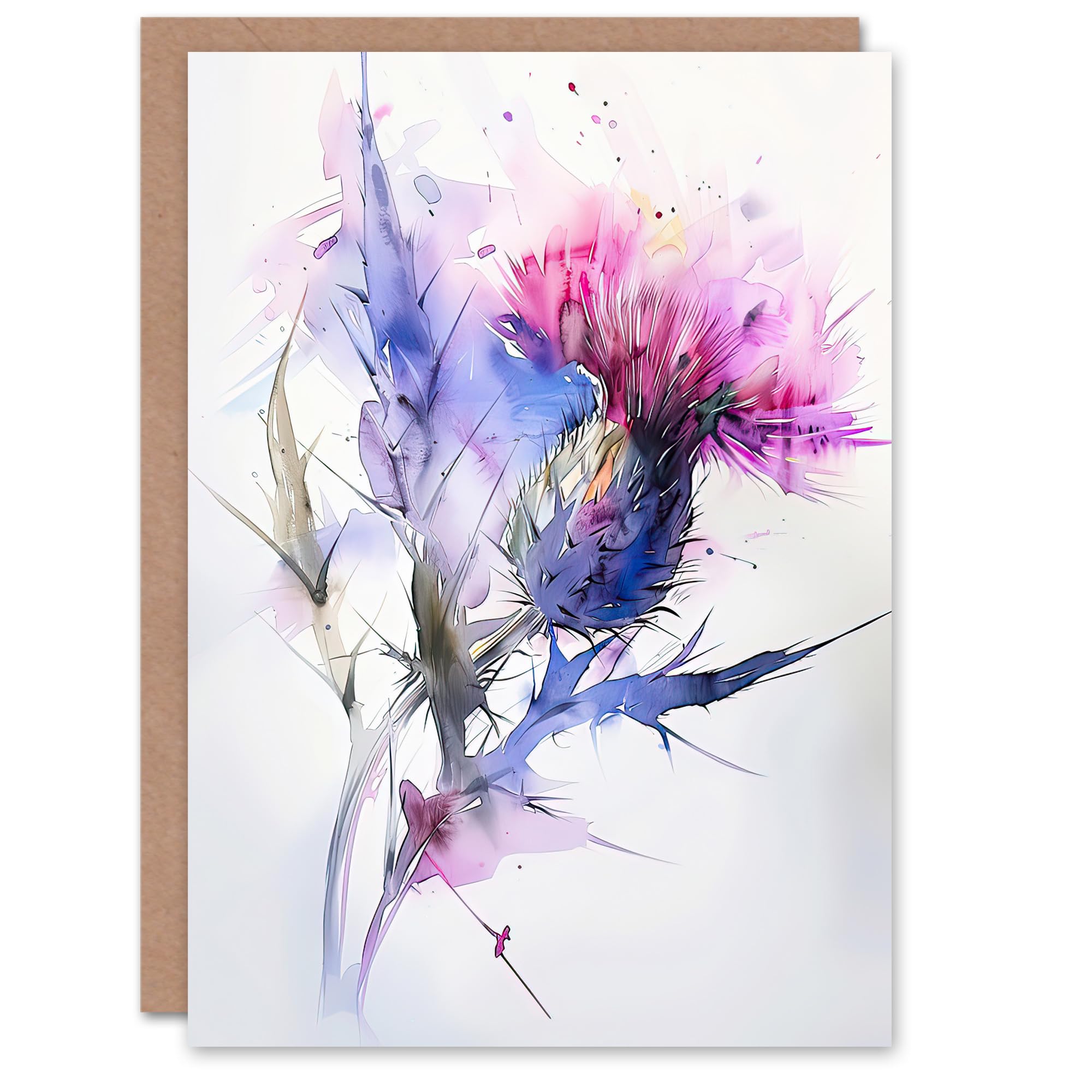 Artery8 Greeting Card Thistle Flower Violet Pink Green Soft Watercolour Blank For Him Or Her Art Birthday Card