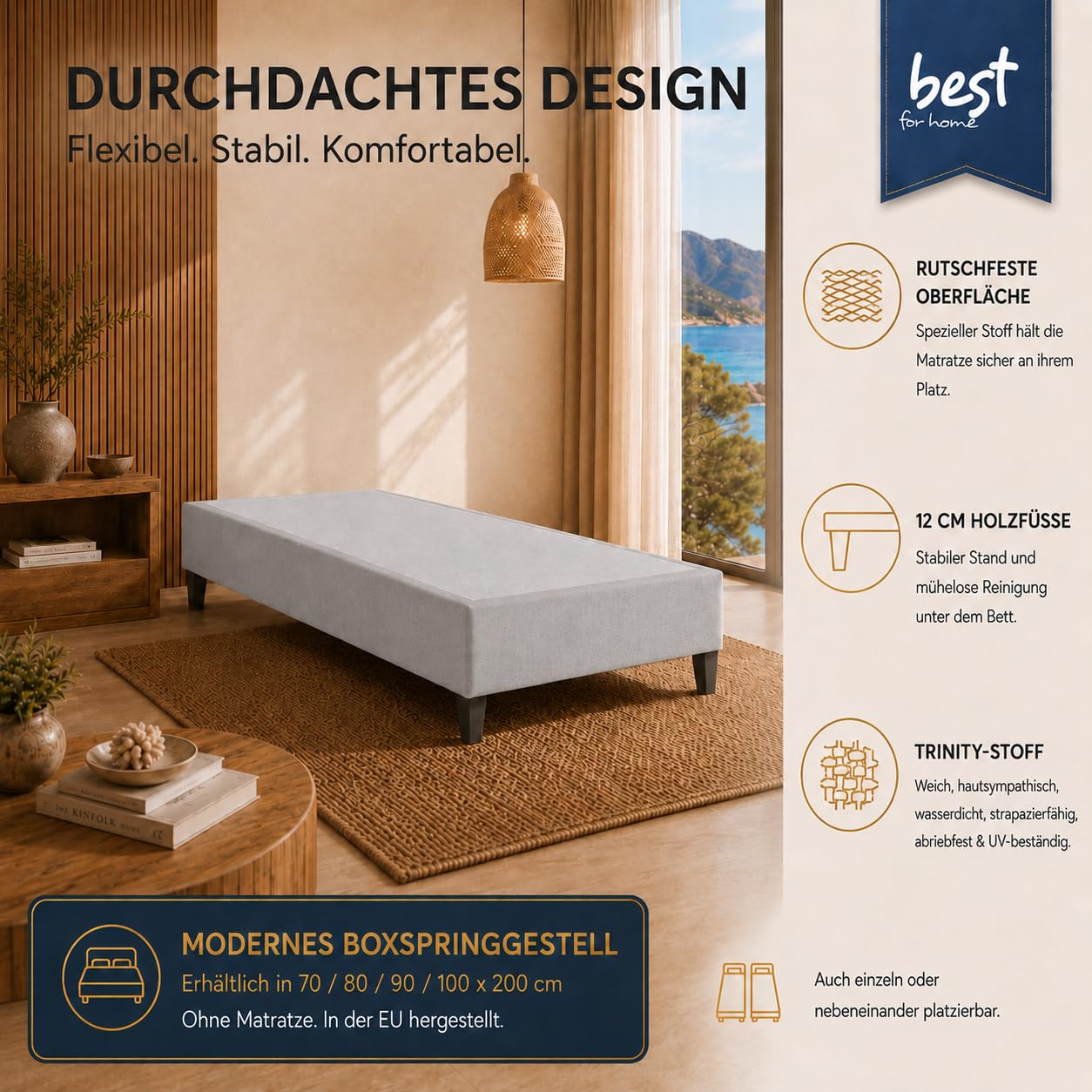 Sommier Tapissier 70x200 | Cadre de lit avec sommier tapissier | Sommier 70x200 Adulte avec Bonne Circulation de l’air | sans Matelas | Idéal Maison ou hôtel (Argenté)