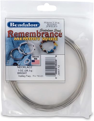 Beadalon Remembrance - Alambre de memoria de acero inoxidable, redondo, collar, brillante, 1 oz, aprox. 36 bobinas