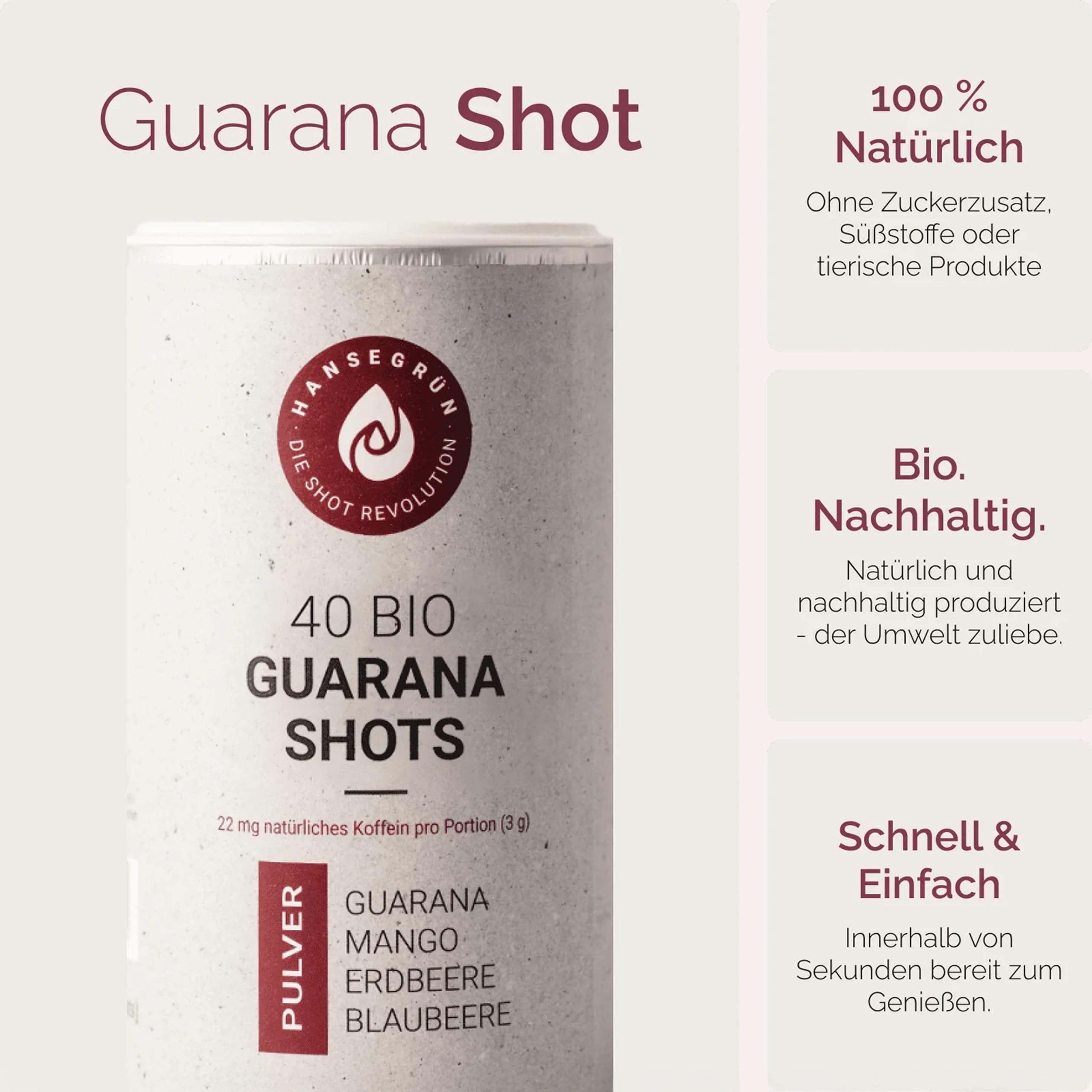 Hansegrün - 2x Bio Guarana Shots (80 Stk.) - Veganes Superfood-Pulver als Energy Drink Alternative - für bis zu 6h natürlich anhaltende Power - 100% echte Zutaten zur täglichen Zubereitung