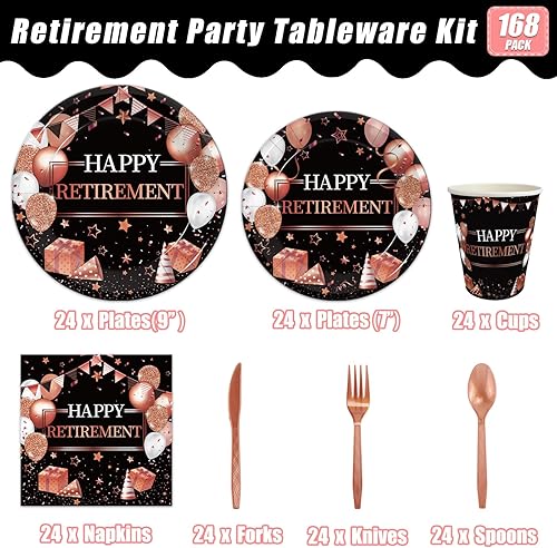 Miniatura 2 de 168 piezas de suministros para fiesta de jubilación, decoraciones de fiesta de jubilación de oro rosa para mujeres, platos de papel jubilados,