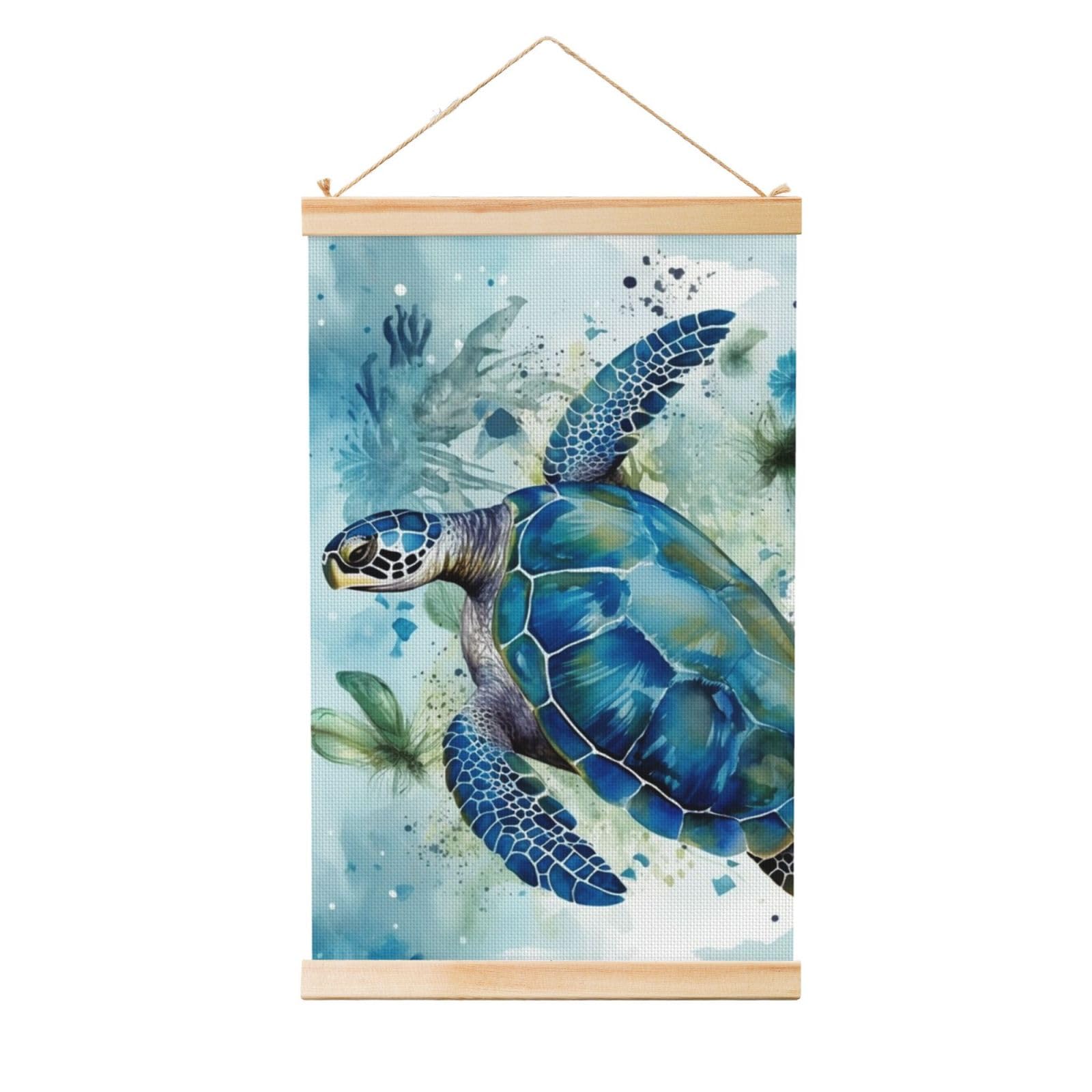 Sea Turtle-Blue Posters Wooden Shaft Hanging Poster Canvas Prints Scroll Wall Art Painting Vintage Wall Banner Modern Artwork Decor for Home Decor Ready to Hang 20"x30"