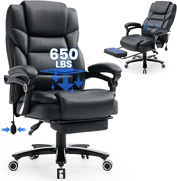 650lbs Big and Tall Office Chair for Heavy People,Ergonomic High Back PU Leather Computer Chair with Adjustable Lumbar Support,Reclining Executive Office Desk Chair with Foot Rest,Black