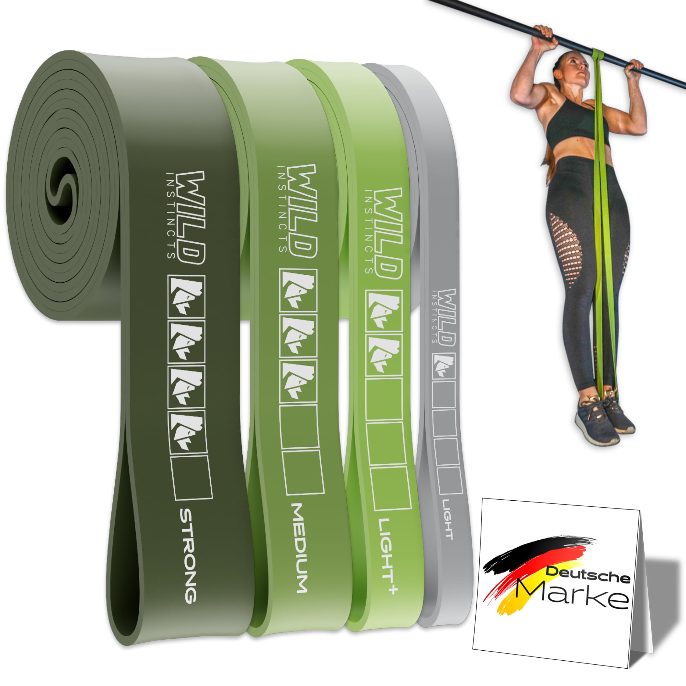 Wild Instincts Premium Widerstandsbänder Krafttraining/Pull Up Band für Klimmzüge, Fitnessbänder Set/Resistance Bands Set/Gummiband Sport für Crossfit & Stretching +Tasche +Trainings App