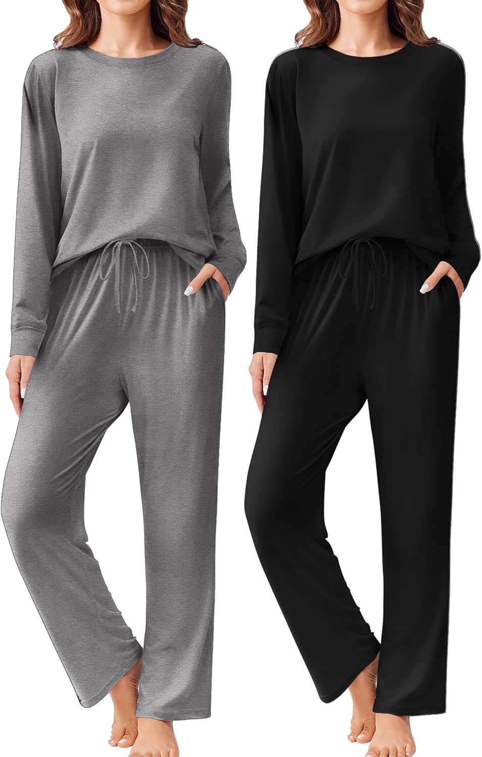 Ekouaer 2 Pack Women Pajama Long Sleeve Sleepwear Soft Loungewear Pjs Sets with Pockets S-XXL