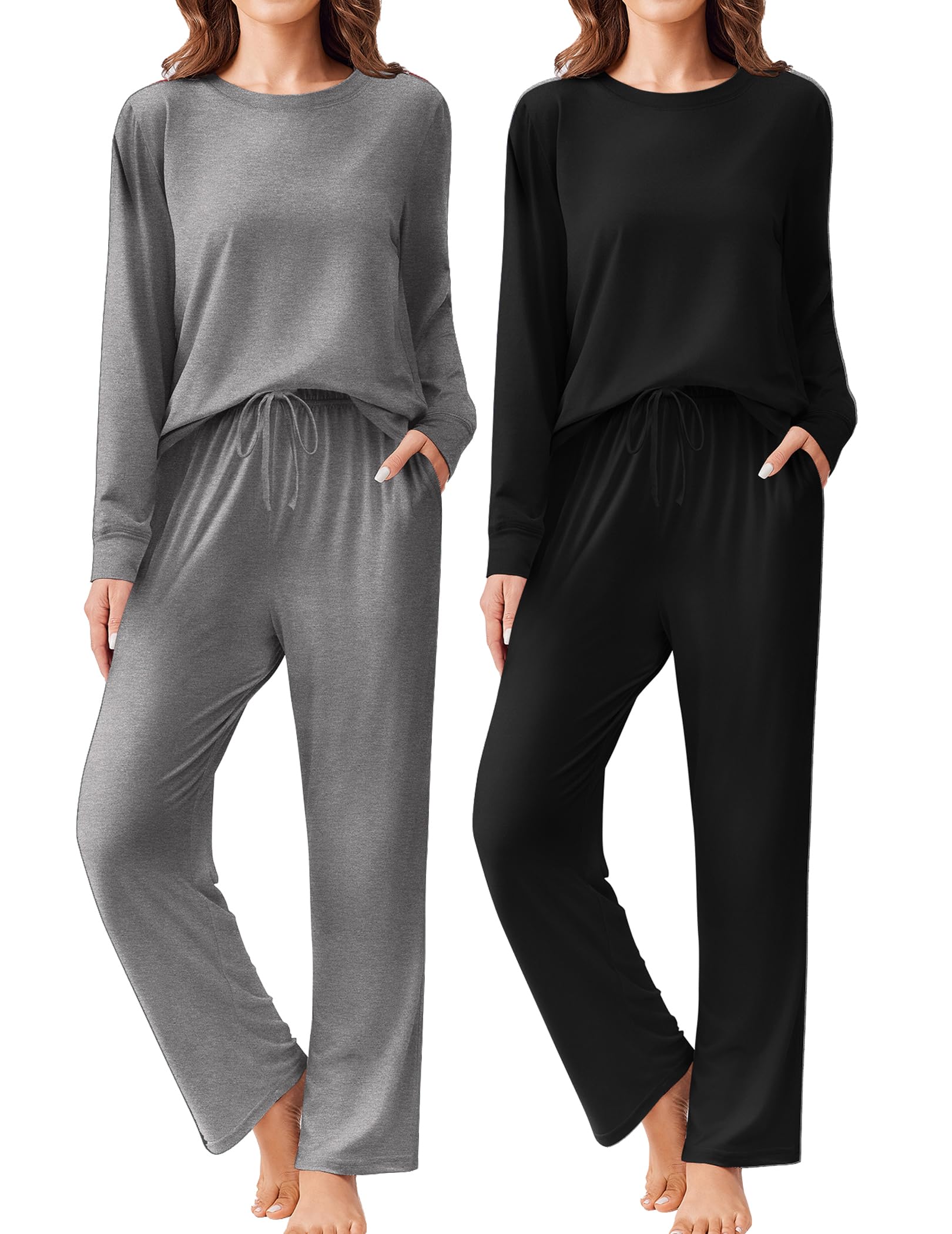 Ekouaer 2 Pack Women Pajama Long Sleeve Sleepwear