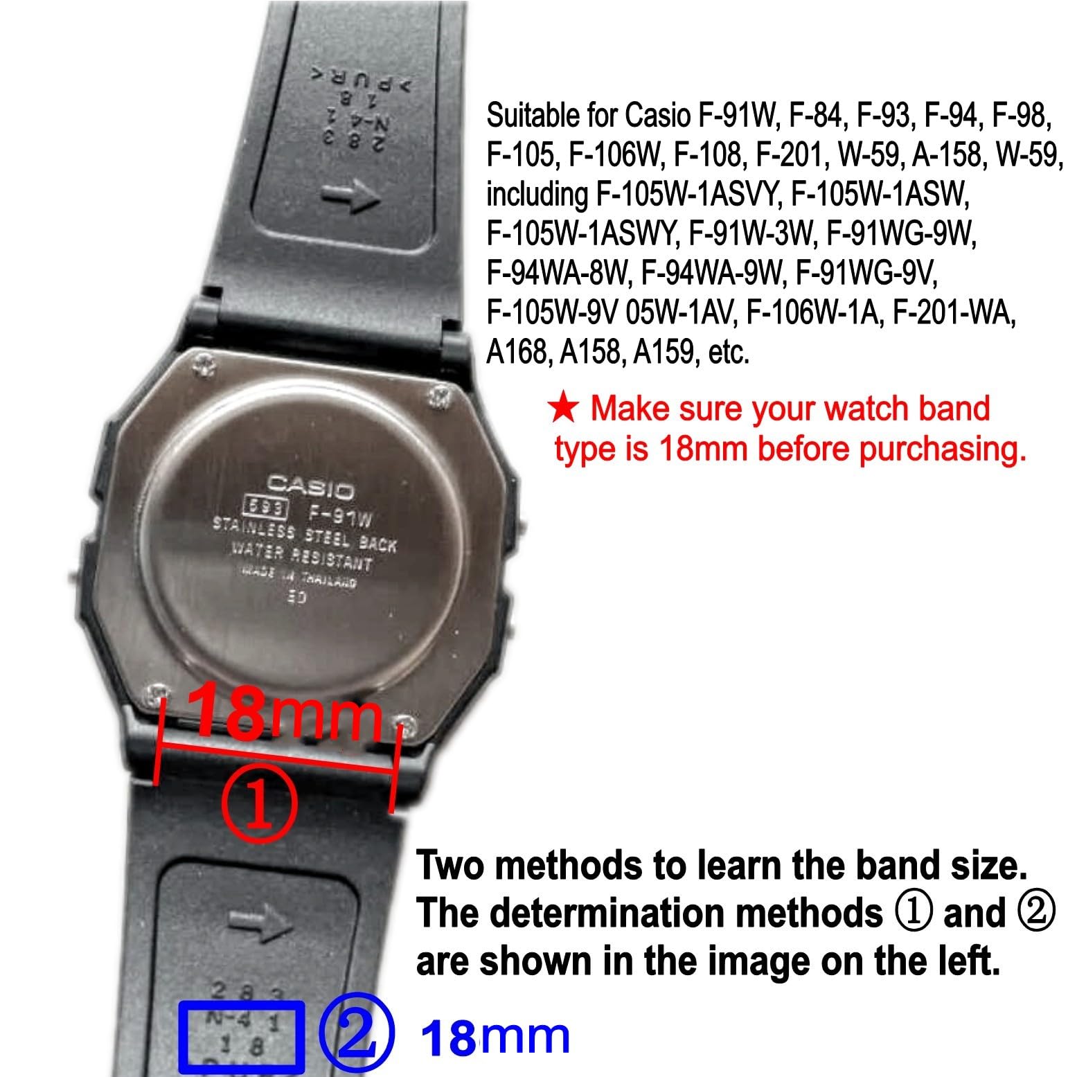 Correa de reloj de repuesto para Casio F-91W, correa de plástico negro con pasador de resorte y herramienta de extracción